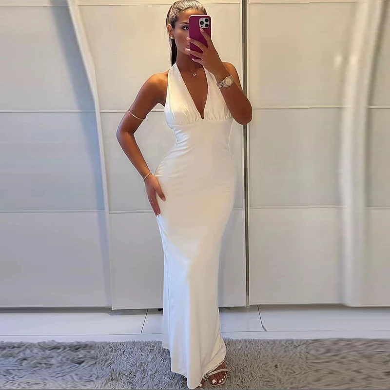 HXAO Womens Dresses Halter White Deep V-Neck Backless Long Dresses Maxi Evening Wedding Party Dresses Elegant Prom Dresses 2025