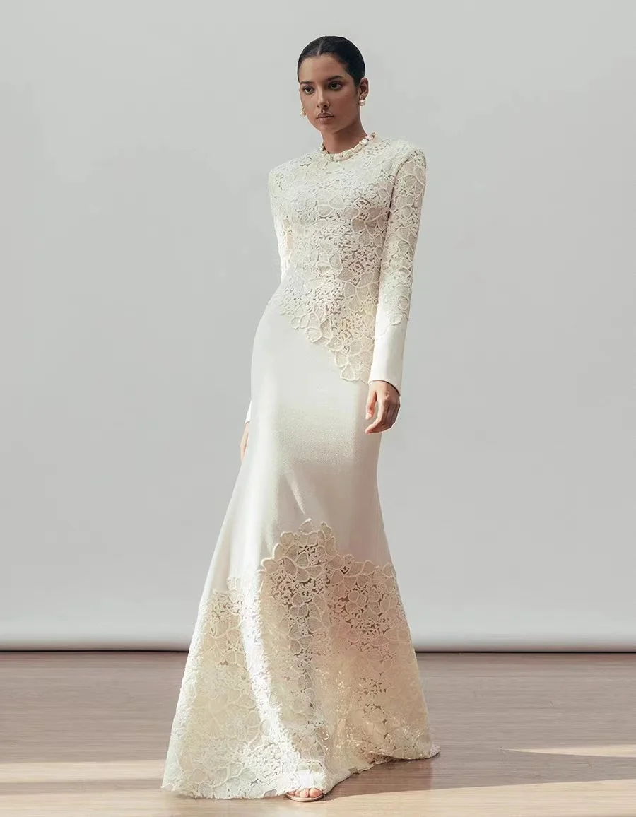 Solid Slimming Elegant Dresses For Women Round Neck Long Sleeves Sequin Hollow Out Temperament Fishtail Dress Female 2025 New