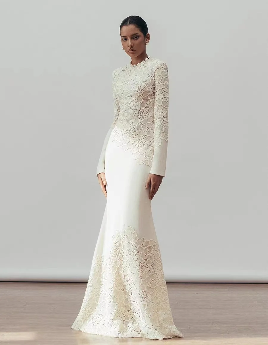 Solid Slimming Elegant Dresses For Women Round Neck Long Sleeves Sequin Hollow Out Temperament Fishtail Dress Female 2025 New