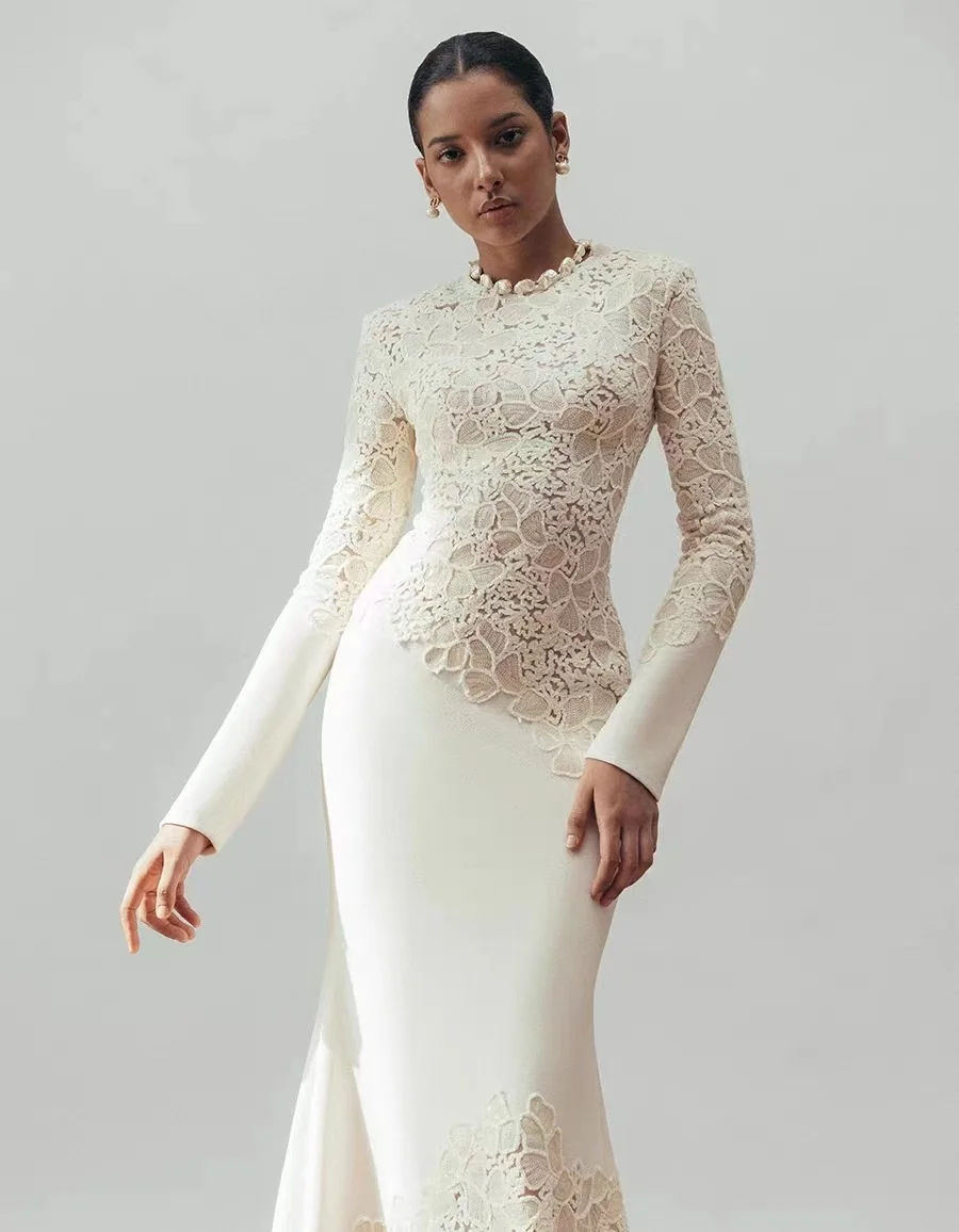 Solid Slimming Elegant Dresses For Women Round Neck Long Sleeves Sequin Hollow Out Temperament Fishtail Dress Female 2025 New