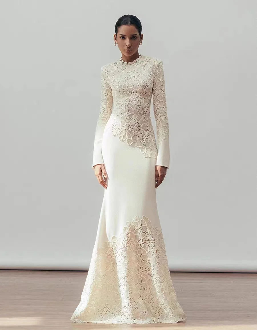 Solid Slimming Elegant Dresses For Women Round Neck Long Sleeves Sequin Hollow Out Temperament Fishtail Dress Female 2025 New