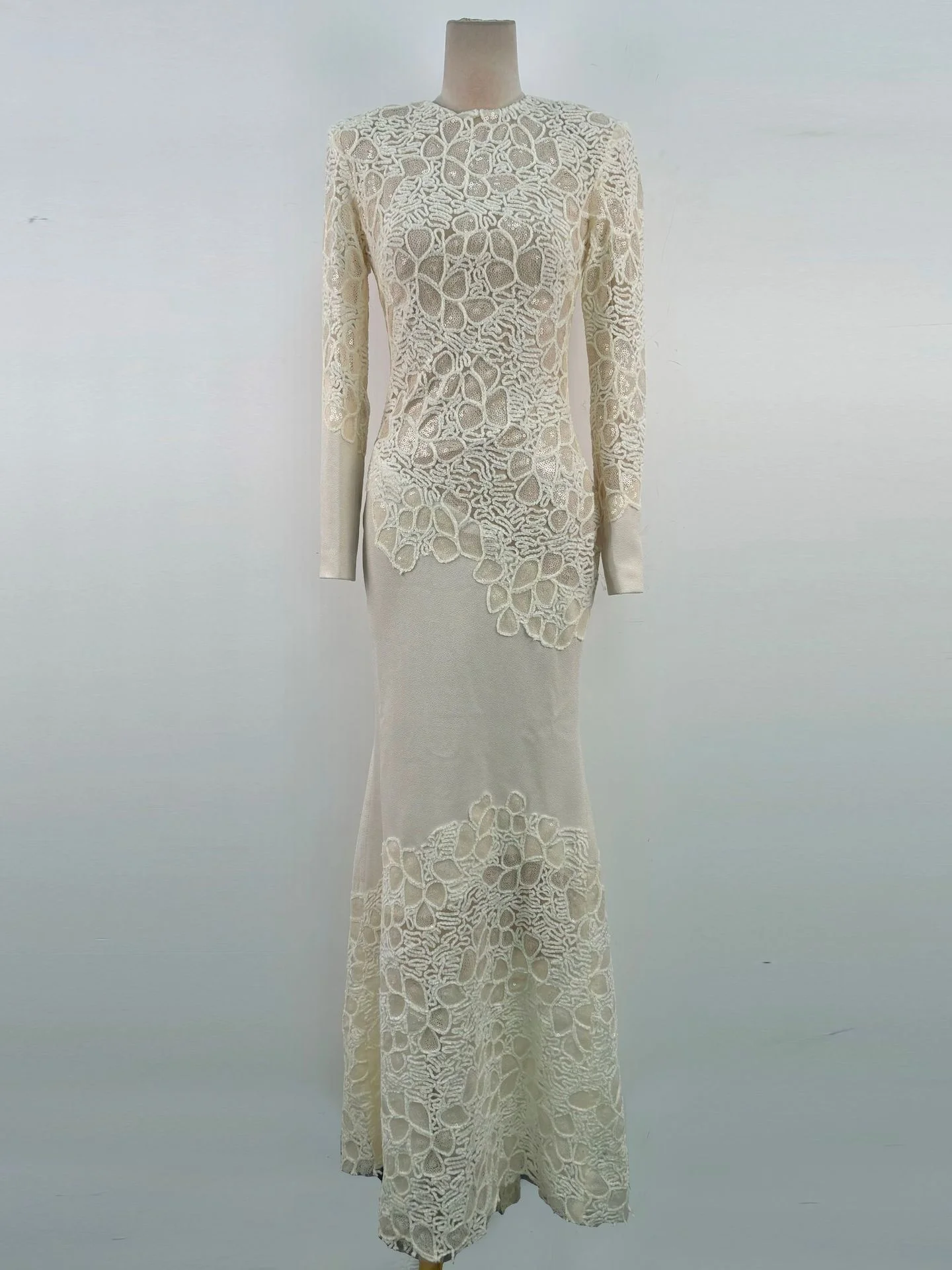 Solid Slimming Elegant Dresses For Women Round Neck Long Sleeves Sequin Hollow Out Temperament Fishtail Dress Female 2025 New