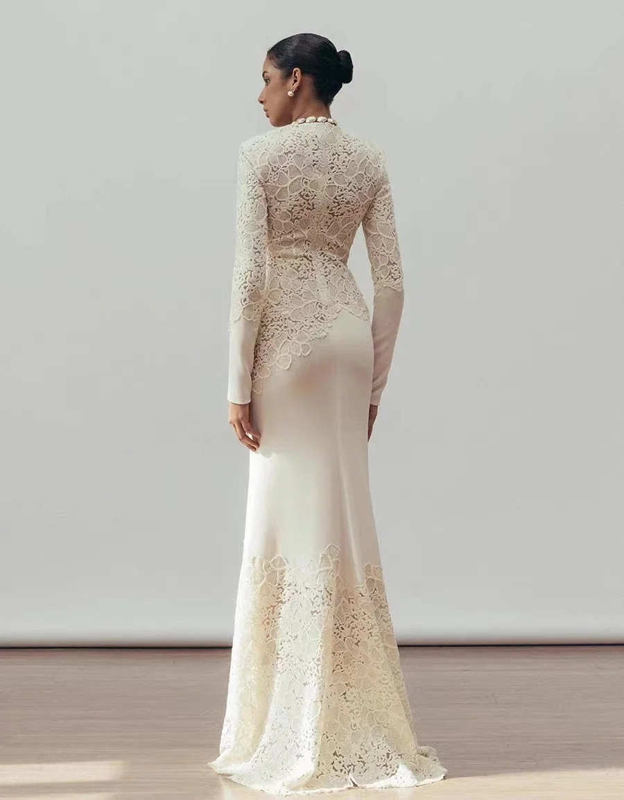 Solid Slimming Elegant Dresses For Women Round Neck Long Sleeves Sequin Hollow Out Temperament Fishtail Dress Female 2025 New