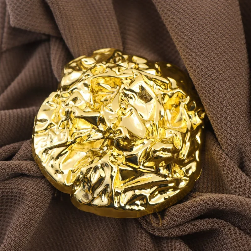 Women's Dress Summer 2025 New Solid Color Short Sleeve Pleated Gold Embellished Long Dress Elegant Temperament Personality Fashi