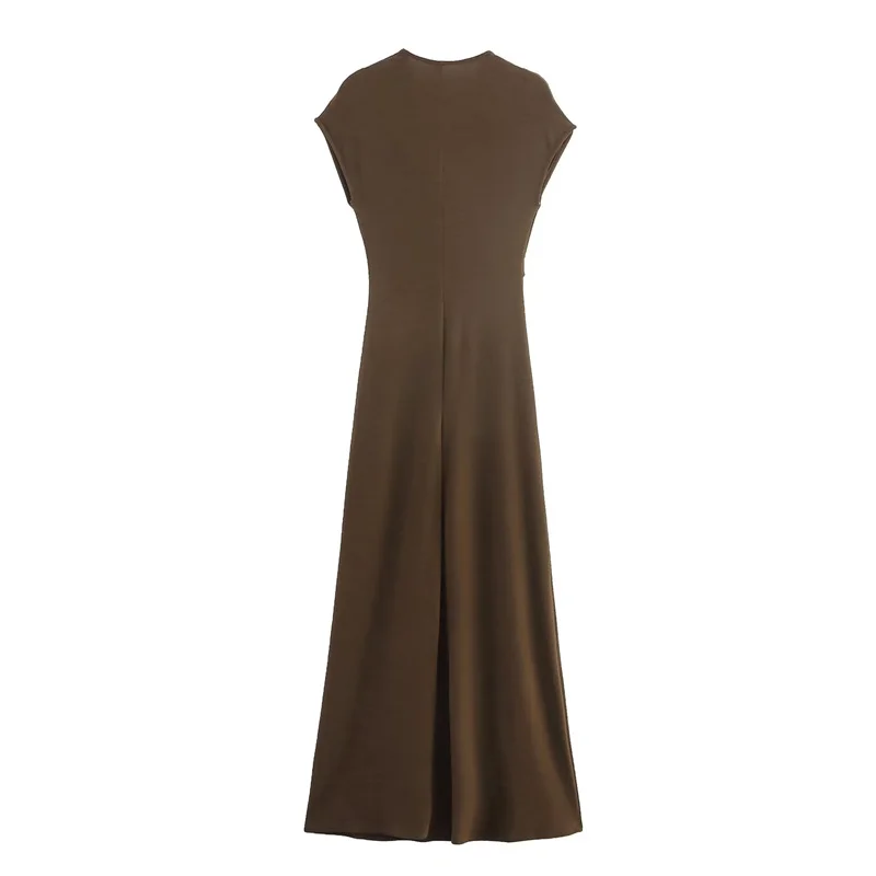 Women's Dress Summer 2025 New Solid Color Short Sleeve Pleated Gold Embellished Long Dress Elegant Temperament Personality Fashi