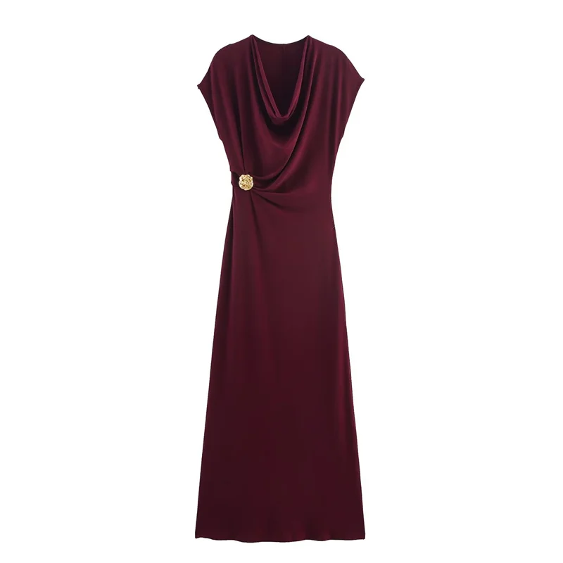 Women's Dress Summer 2025 New Solid Color Short Sleeve Pleated Gold Embellished Long Dress Elegant Temperament Personality Fashi