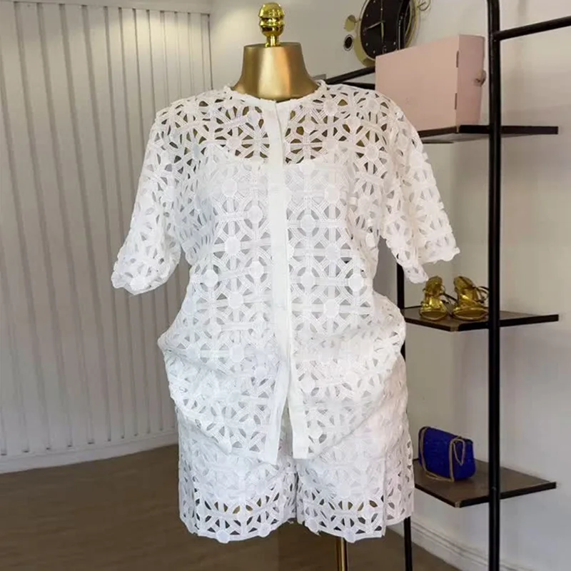 GLCMYAYA Hollow Out Women's Set Short Sleeve Shirt and Shorts Suit 2025 Summer OL Fashion Two 2 Piece Sets Outfit Tracksuit
