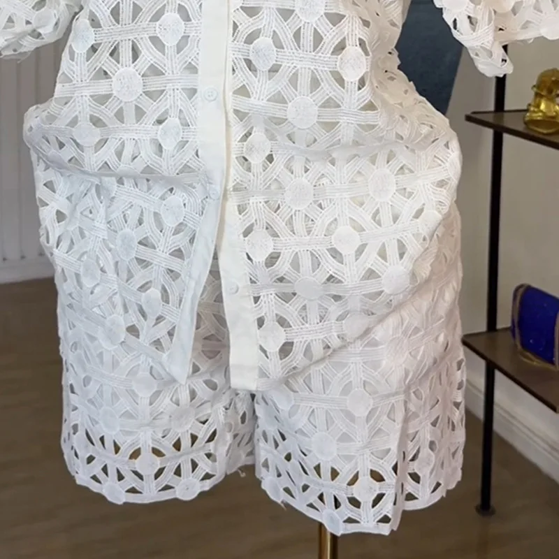 GLCMYAYA Hollow Out Women's Set Short Sleeve Shirt and Shorts Suit 2025 Summer OL Fashion Two 2 Piece Sets Outfit Tracksuit