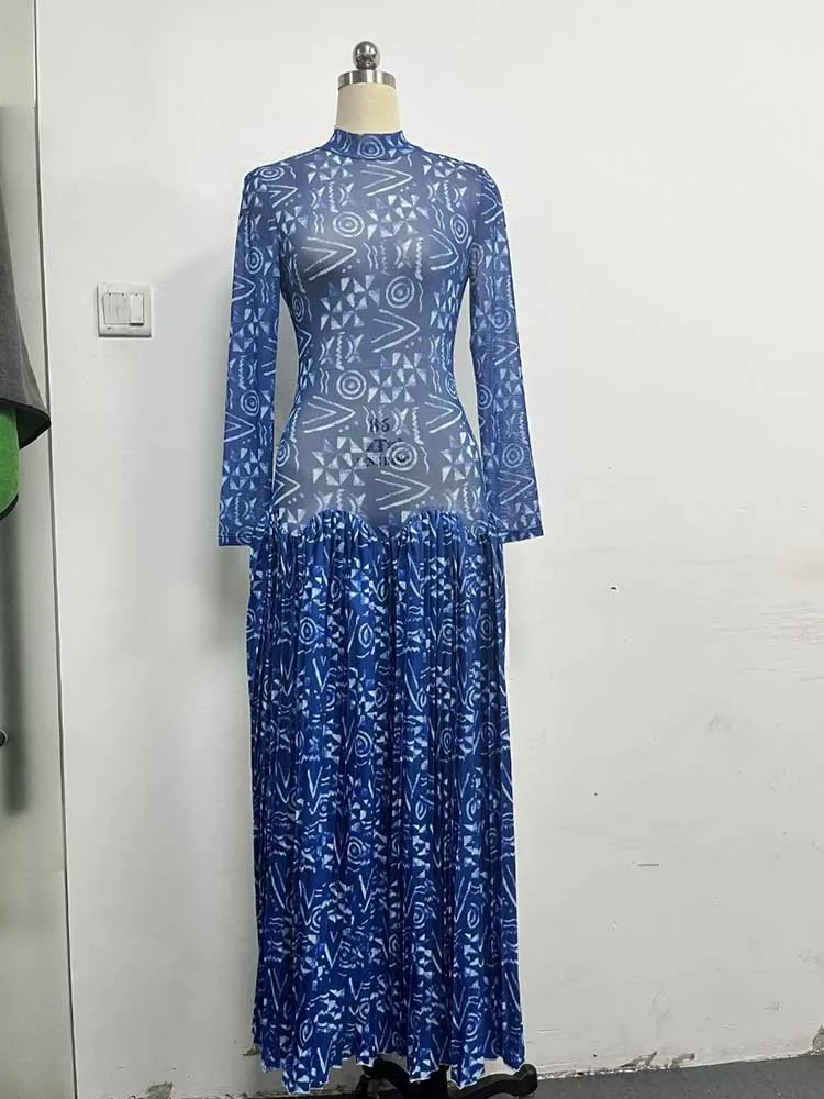 Royal Blue Dress for Women Mid-turtleneck High Waist Transparent Light Long Dress with Sleeves Streetwear Pleated Maxi Dress Royal Blue Dress for Women Mid-turtleneck High Waist Transparent Light Long Dress with Sleeves Streetwear Pleated Maxi Dress