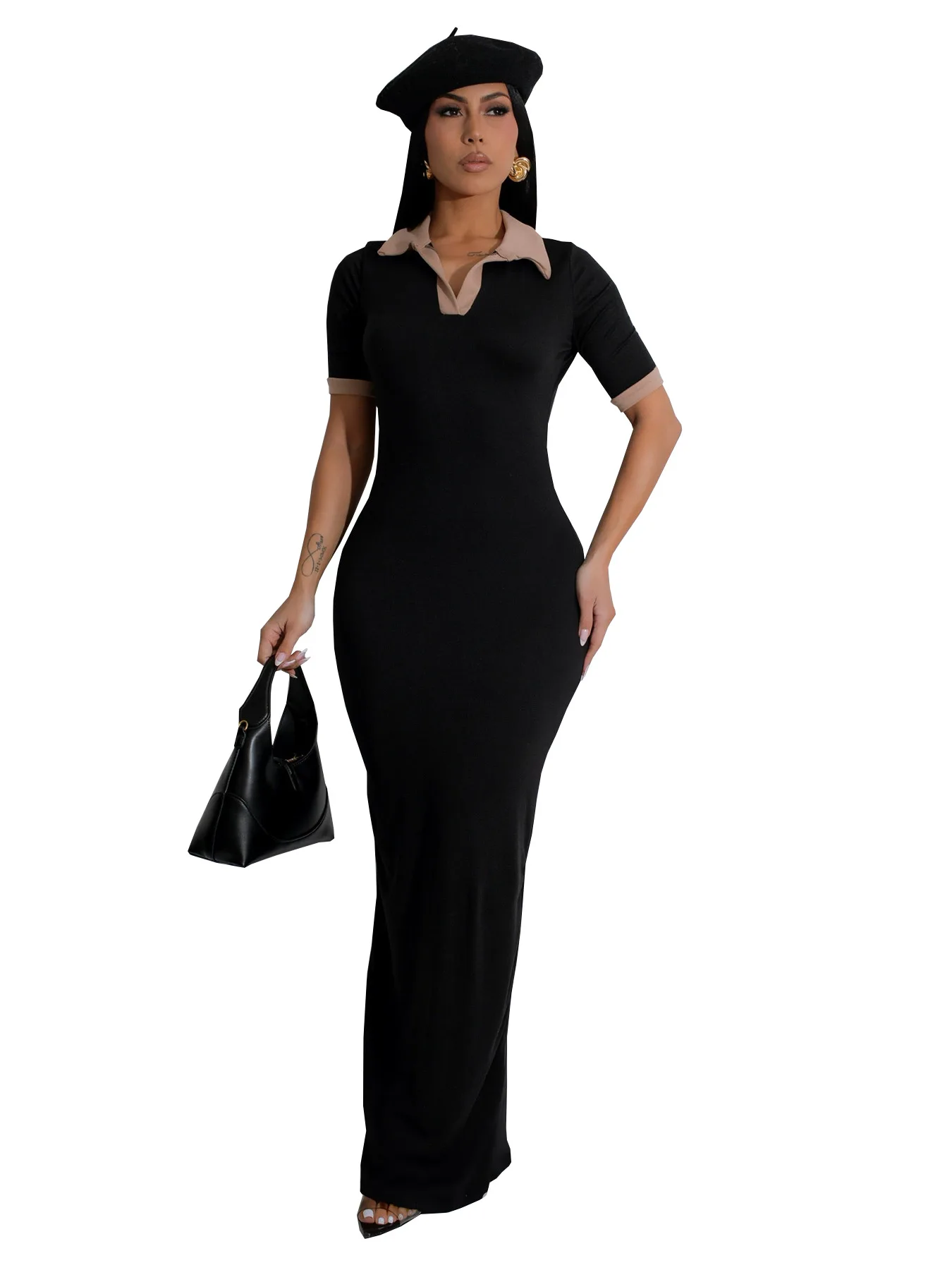 CM.YAYA Knitted V-Neck Women Short Sleeve Bodycon Long Dress 2025 Summer Sexy Night Club Birthday Party Active Maxi Dresses