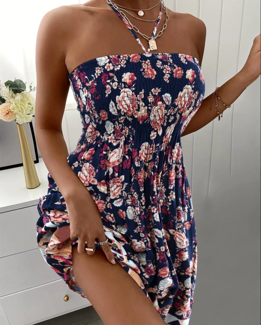 Floral Print Halter Neck Dress, Vacation Style Shirred Bust Dress For Spring & Summer, Women's Clothing Floral Print Halter Neck Dress, Vacation Style Shirred Bust Dress For Spring & Summer, Women's Clothing