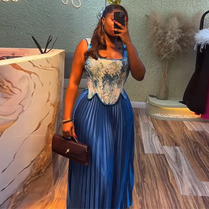 CM.YAYA Women's Set Floral Print Waist-cinching Vest +Pleated Long Skirts Suit 2025 Party Evening Street Two 2 Piece Set Outfit CM.YAYA Women's Set Floral Print Waist-cinching Vest +Pleated Long Skirts Suit 2025 Party Evening Street Two 2 Piece Set Outfit