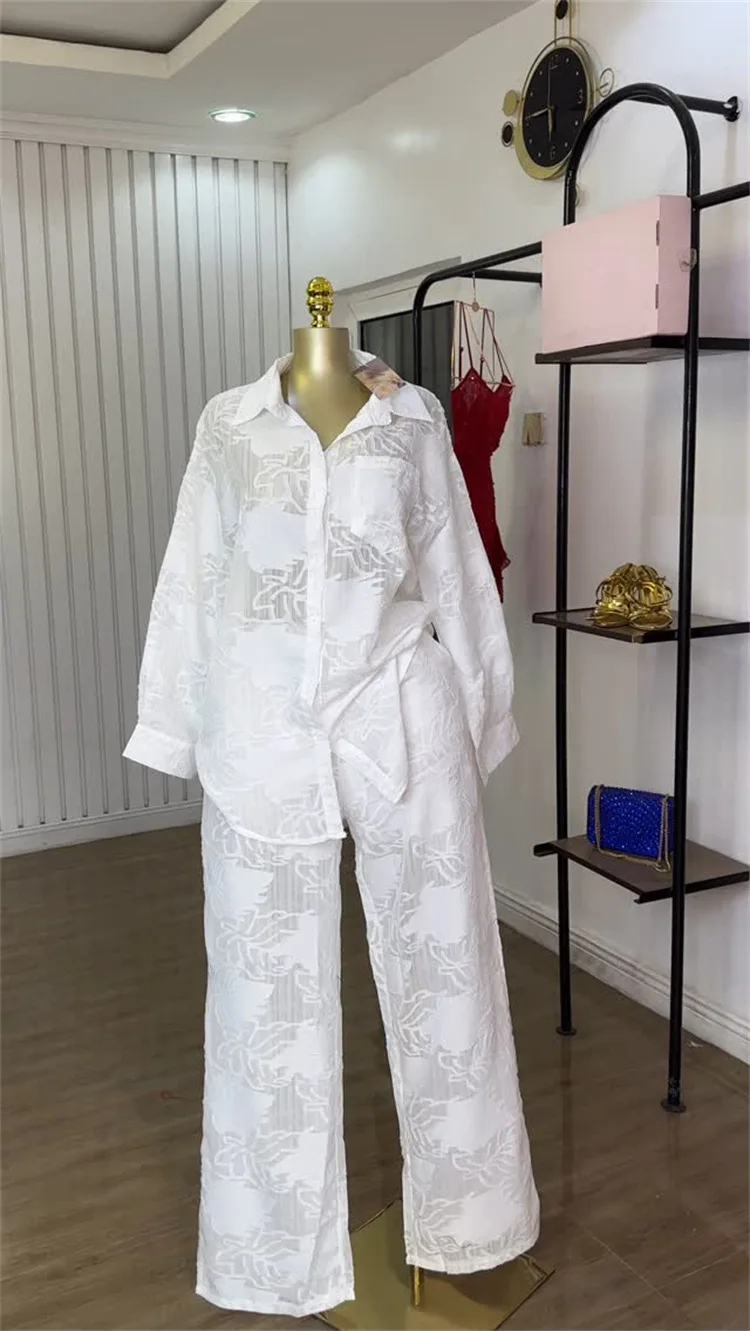 CM.YAYA Fashion Women's Set Perspective Long Sleeve Shirt and Straight Wide Leg Pants 2025 OL Two 2 Piece Set Outfit Tracksuit CM.YAYA Fashion Women's Set Perspective Long Sleeve Shirt and Straight Wide Leg Pants 2025 OL Two 2 Piece Set Outfit Tracksuit