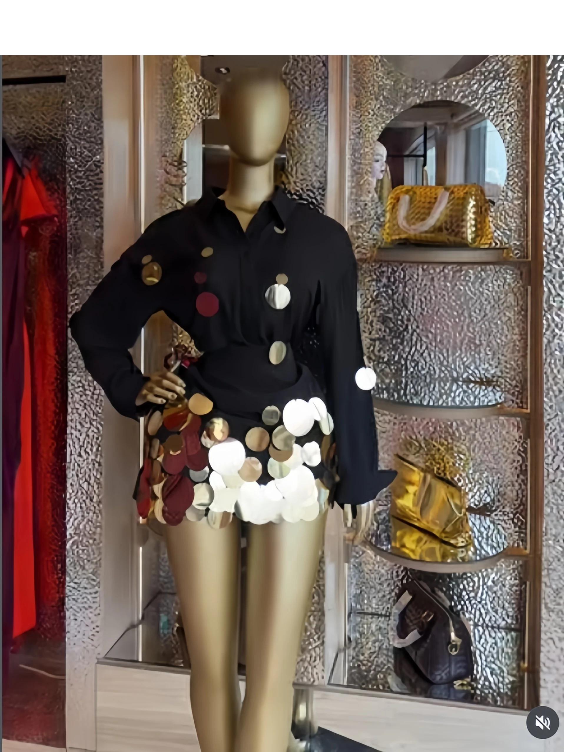 GLCMYAYA Fashion Sequined Splicing Women's Set Lapel Collar Shirt and Midi A-line Skirt Suit Vacation Two 2 Piece Set Outfits Sequined Splicing Women's Set Lapel Collar Shirt and Midi A-line Skirt Suit 2 Piece Set Outfits