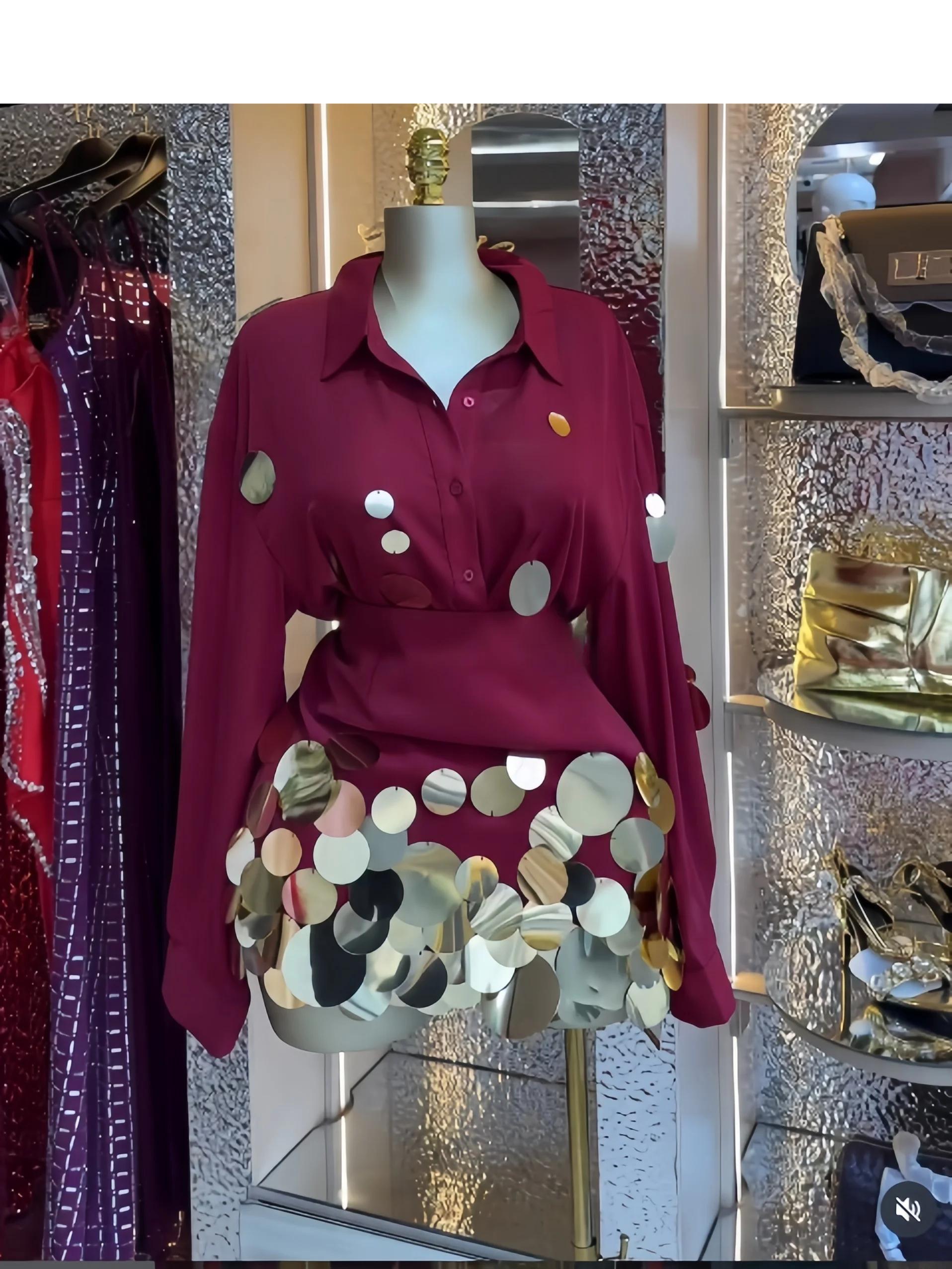 GLCMYAYA Fashion Sequined Splicing Women's Set Lapel Collar Shirt and Midi A-line Skirt Suit Vacation Two 2 Piece Set Outfits GLCMYAYA Fashion Sequined Splicing Women's Set Lapel Collar Shirt and Midi A-line Skirt Suit Vacation Two 2 Piece Set Outfits