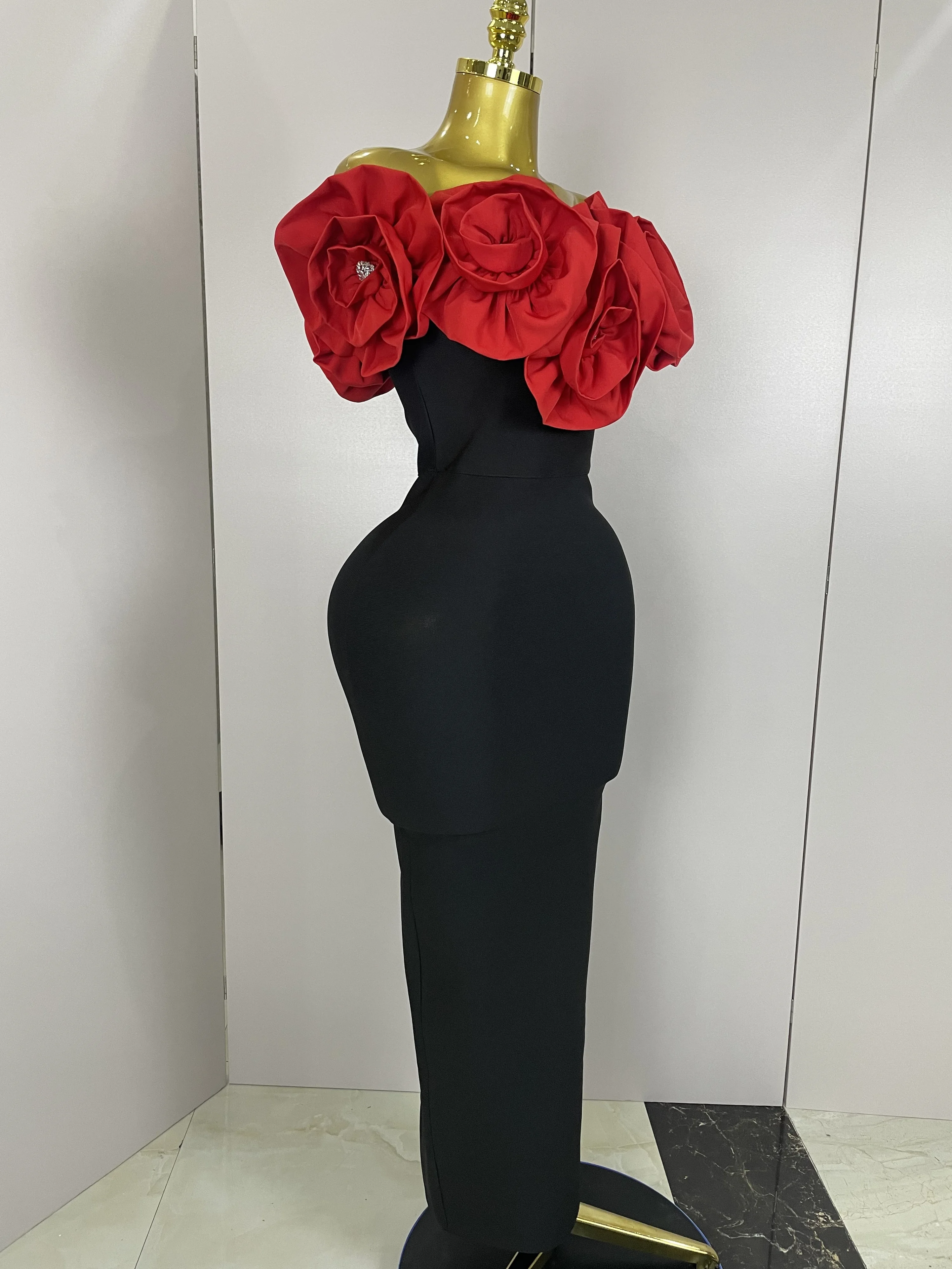 New Stereoscopic Red Flowers Sexy Off The Shoulder Ankle Lenght Bandage Dress Woman Birthday Party Vestido Wedding Party Outfit New Stereoscopic Red Flowers Sexy Off The Shoulder Ankle Lenght Bandage Dress Woman Birthday Party Vestido Wedding Party Outfit