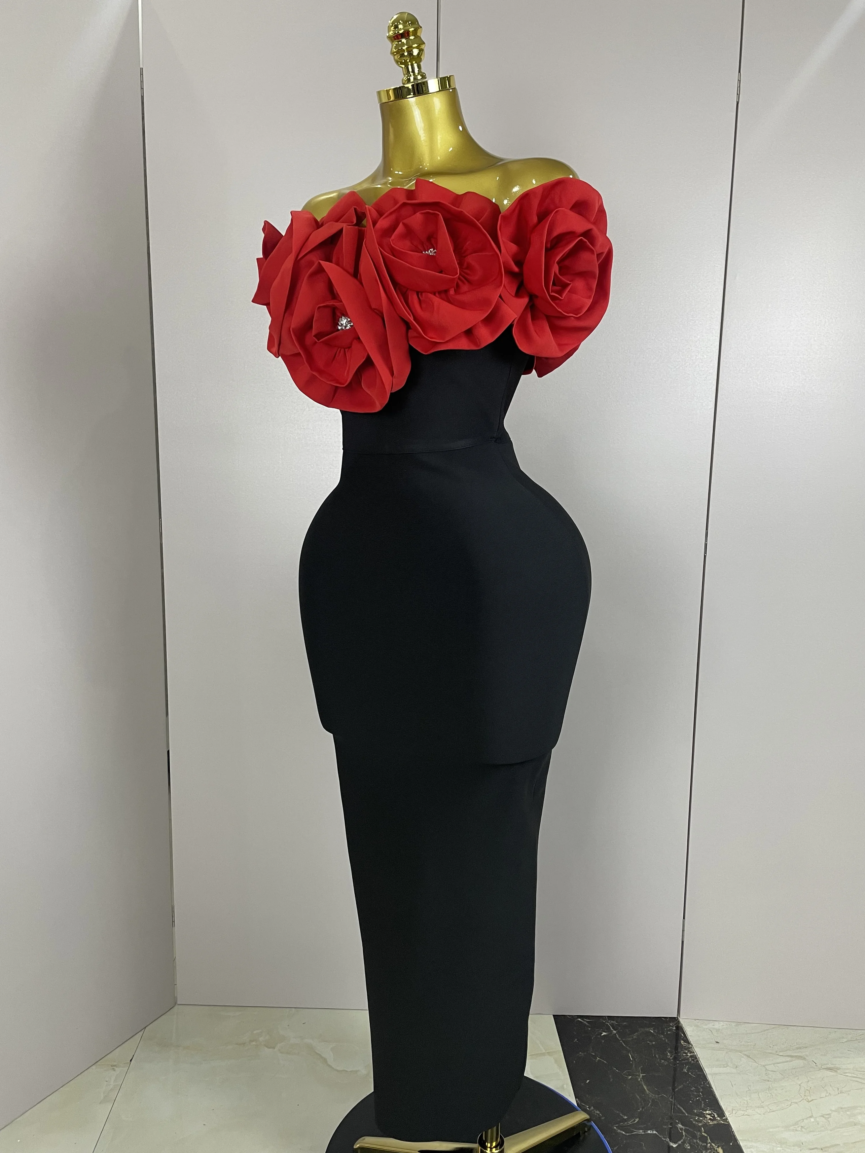 New Stereoscopic Red Flowers Sexy Off The Shoulder Ankle Lenght Bandage Dress Woman Birthday Party Vestido Wedding Party Outfit New Stereoscopic Red Flowers Sexy Off The Shoulder Ankle Lenght Bandage Dress Woman Birthday Party Vestido Wedding Party Outfit