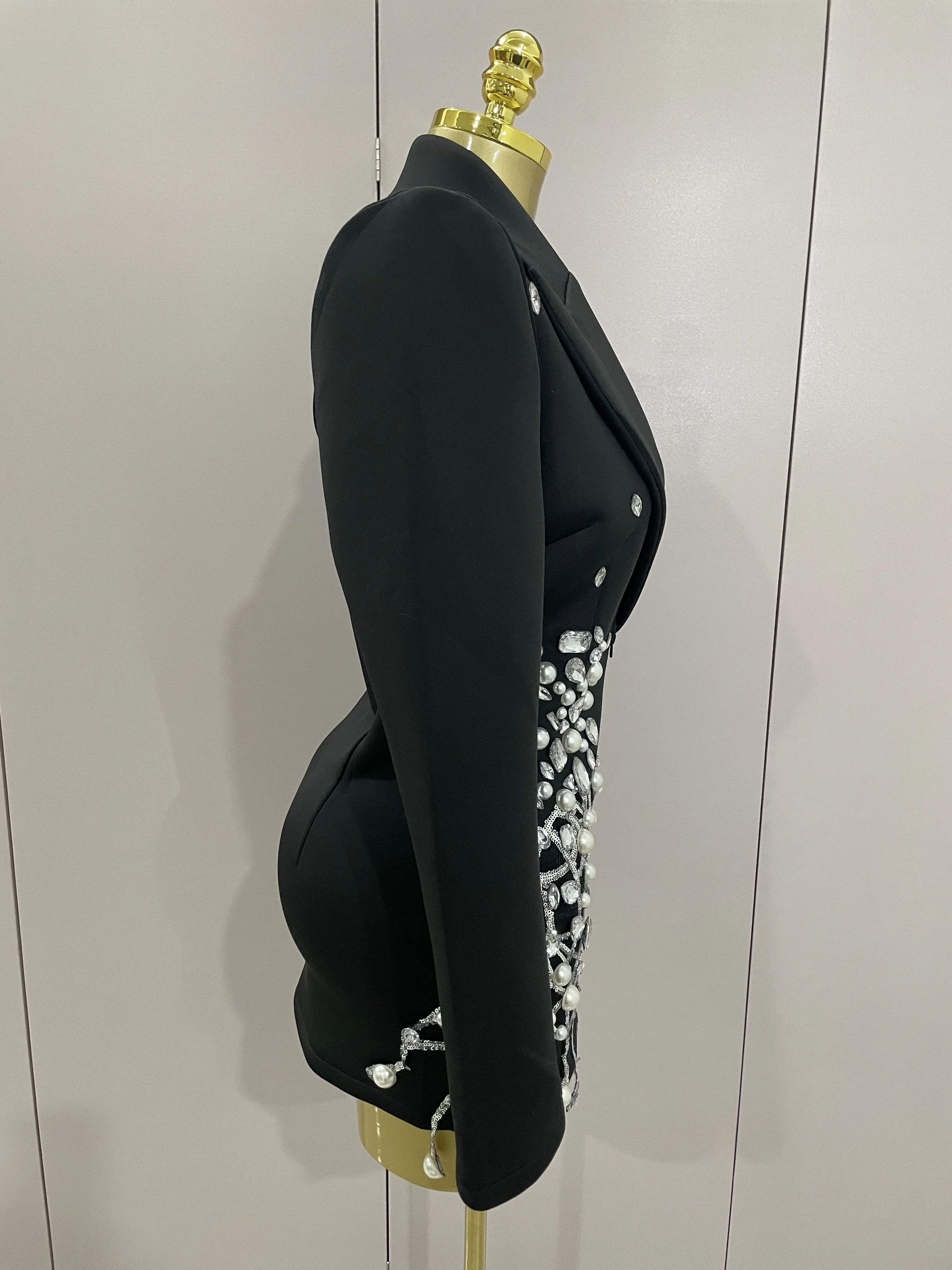 2025 Sparkly Crystal Chains Pearls Long Sleeve Mini Dress Women Birthday Evening Party Nightclub Outfit Singer Wedding Costume