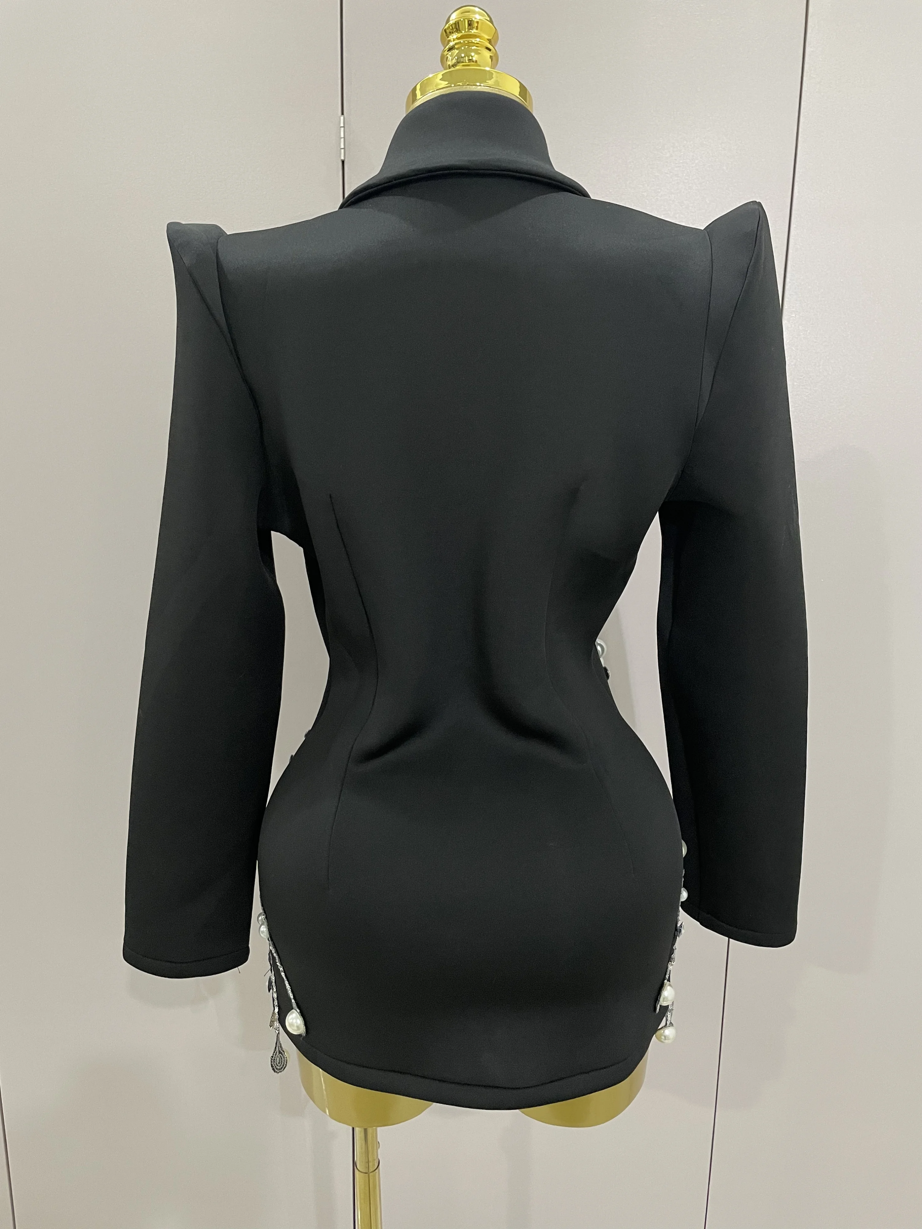 2025 Sparkly Crystal Chains Pearls Long Sleeve Mini Dress Women Birthday Evening Party Nightclub Outfit Singer Wedding Costume