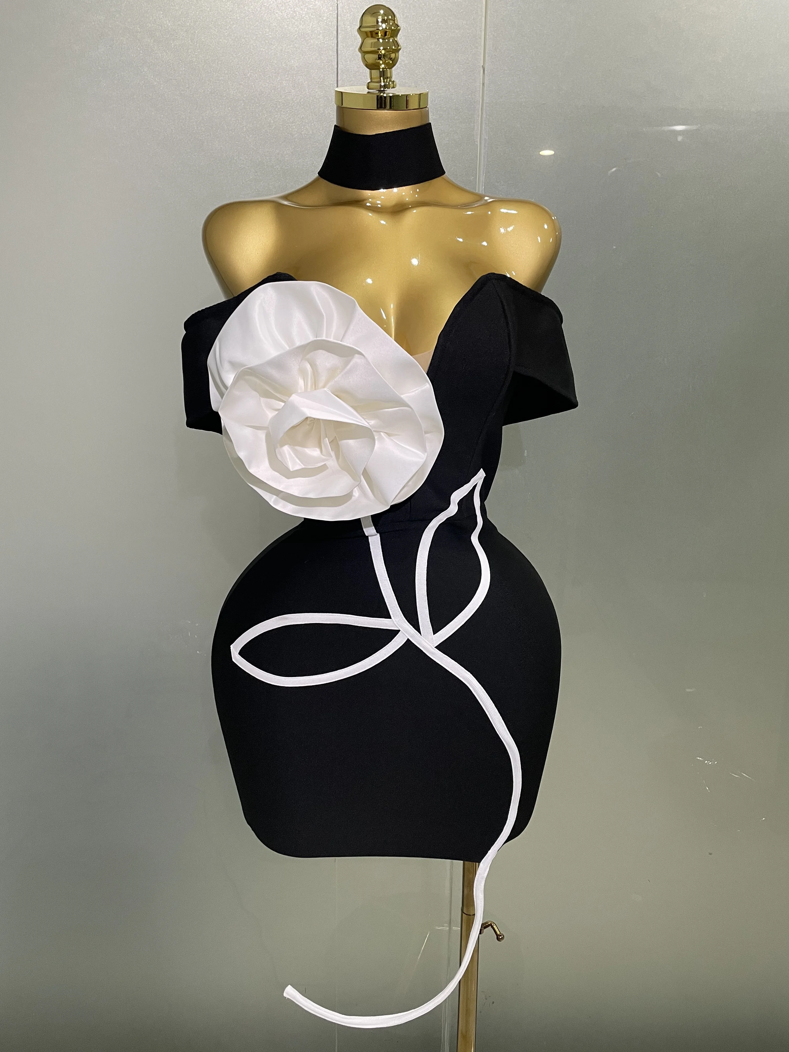 New Sexy Off Shoulder White Flower Black Mini Bodycon Bandage Dress