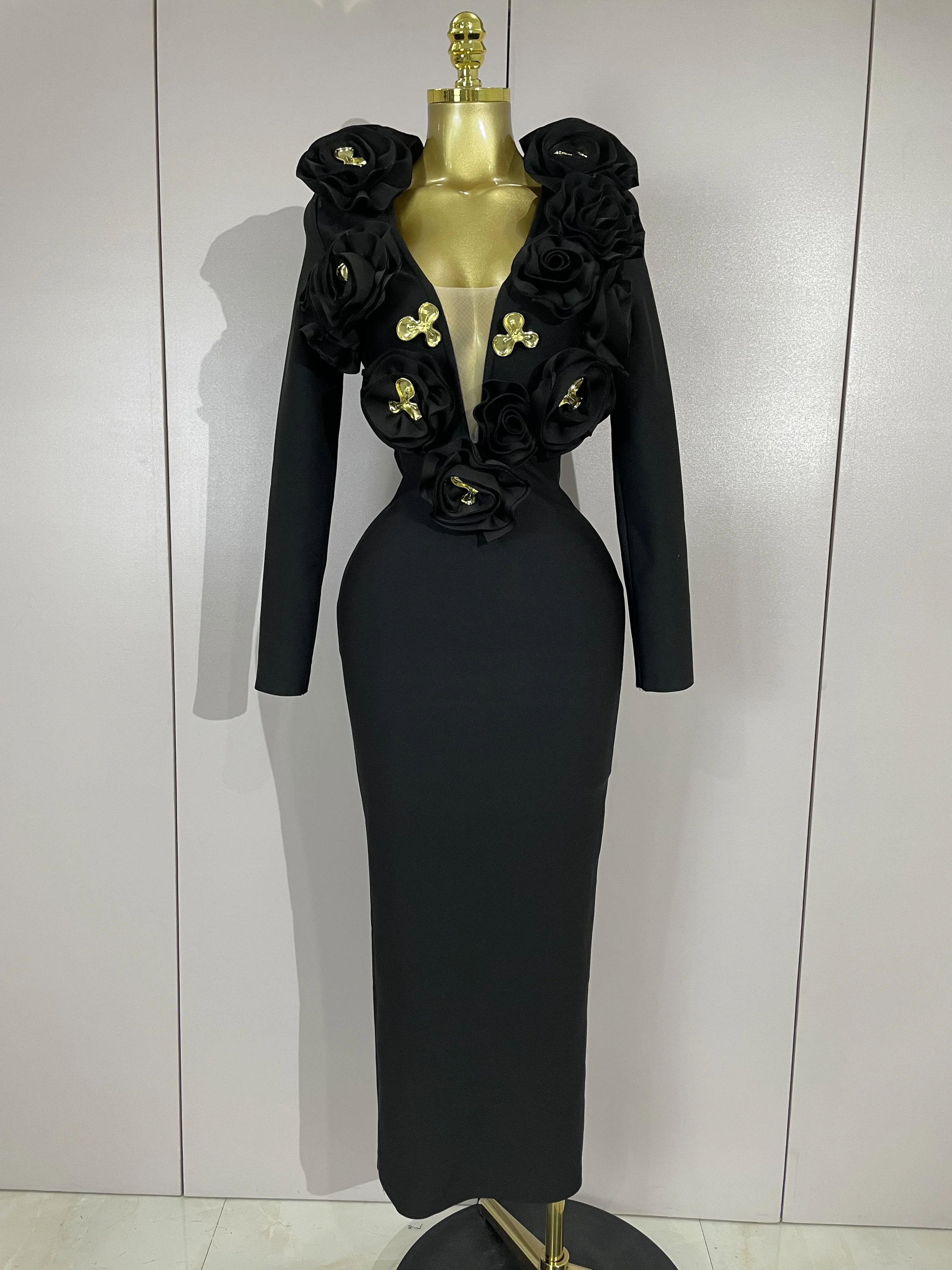 Elegant Fashion 3D Flower Long Sleeves Bodycon Bandage Dress Women Celebrity Party Club Luxury Birthday Wedding Dress Vestidos Elegant Fashion 3D Flower Long Sleeves Bodycon Bandage Dress Women Celebrity Party Club Luxury Birthday Wedding Dress Vestidos