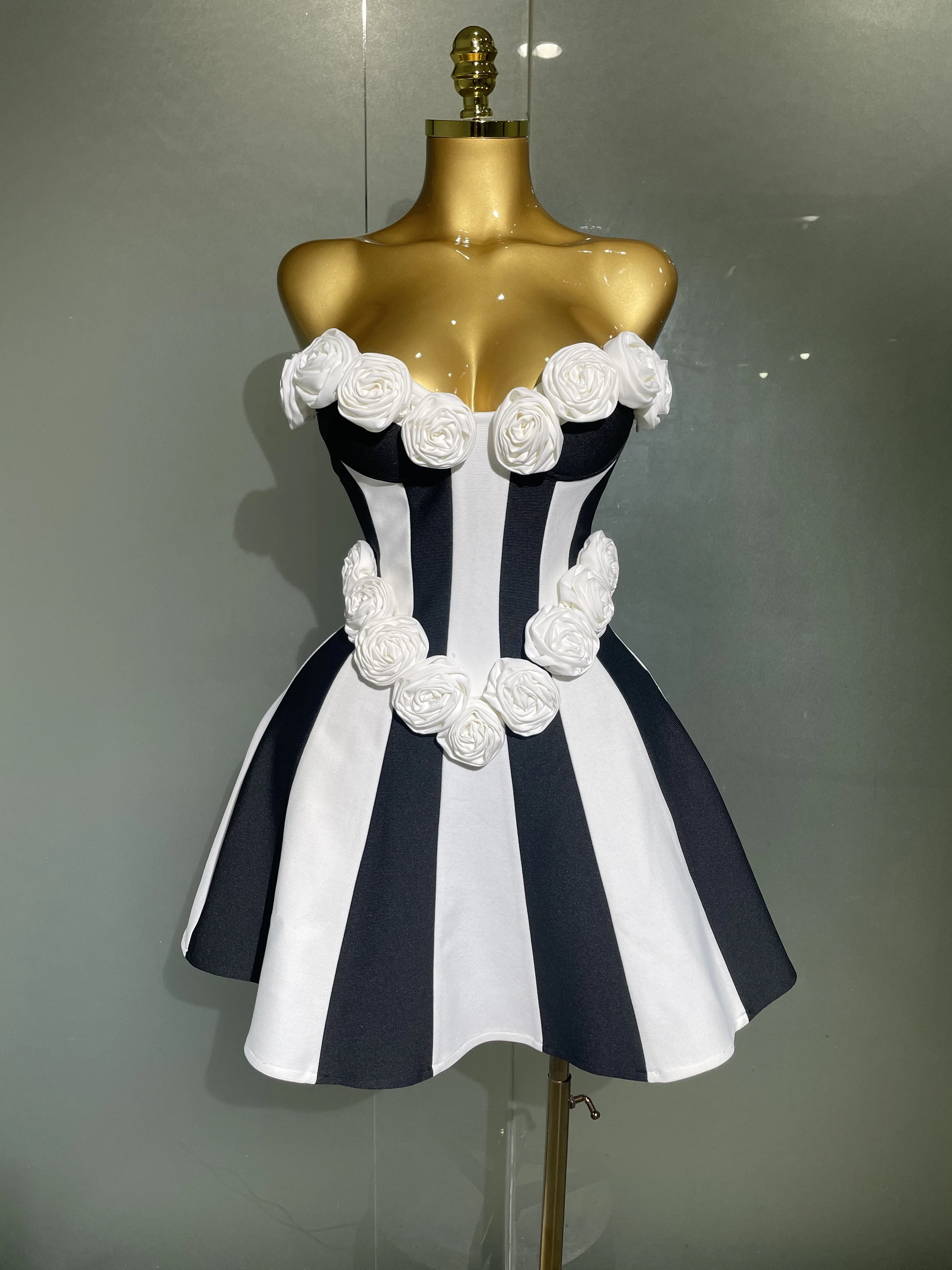2025New Women Flower Decoration Strapless Black White Stripe Bandage Short Dress Cocktail Party Elegant Evening Club Party Dress