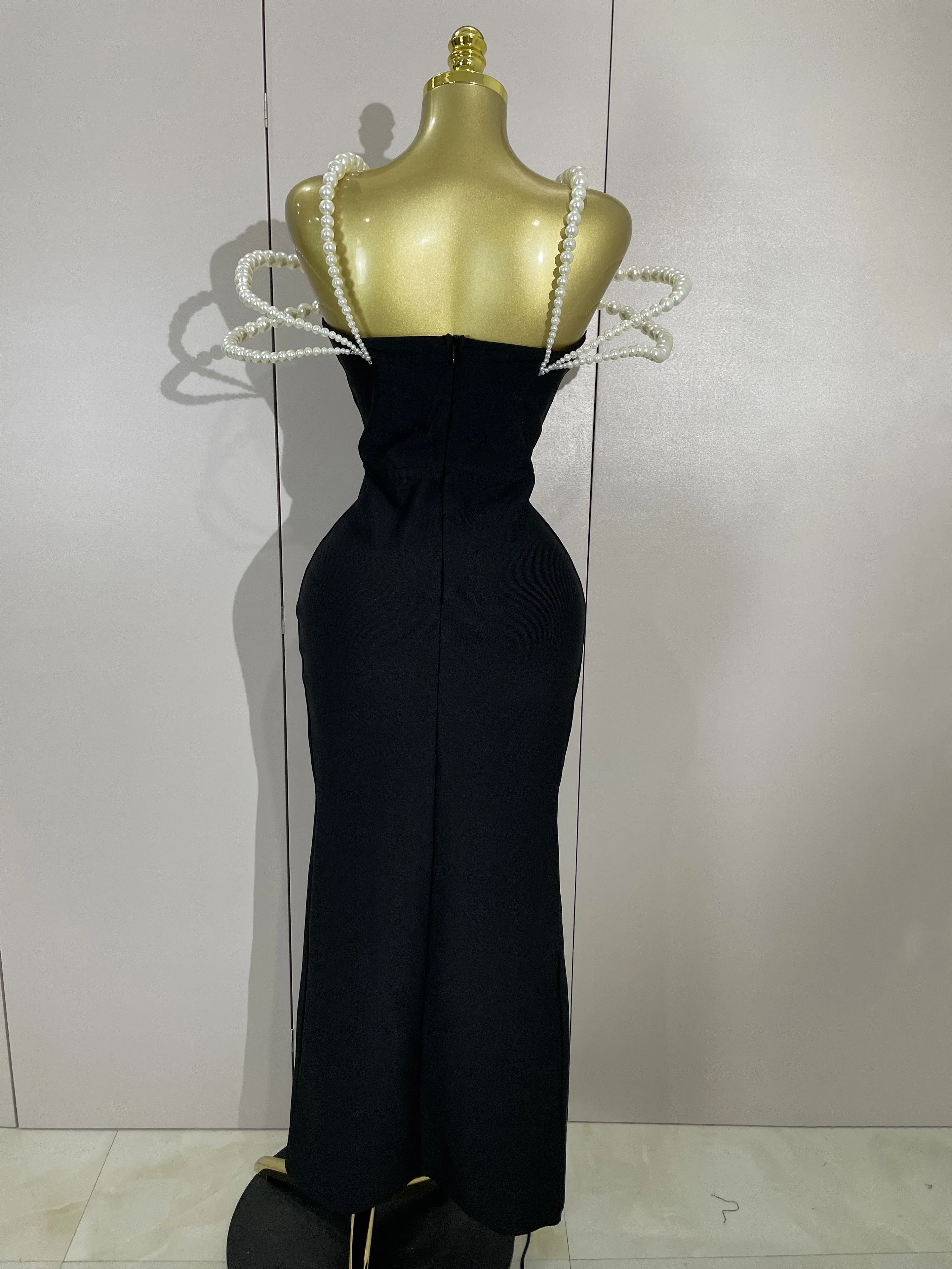 Luxury Designer Pearls V Neck Maxi Long Bandage Bodycon Dress Women Celebrity Evening Party Birthday Gowns Singer Stage Costumes