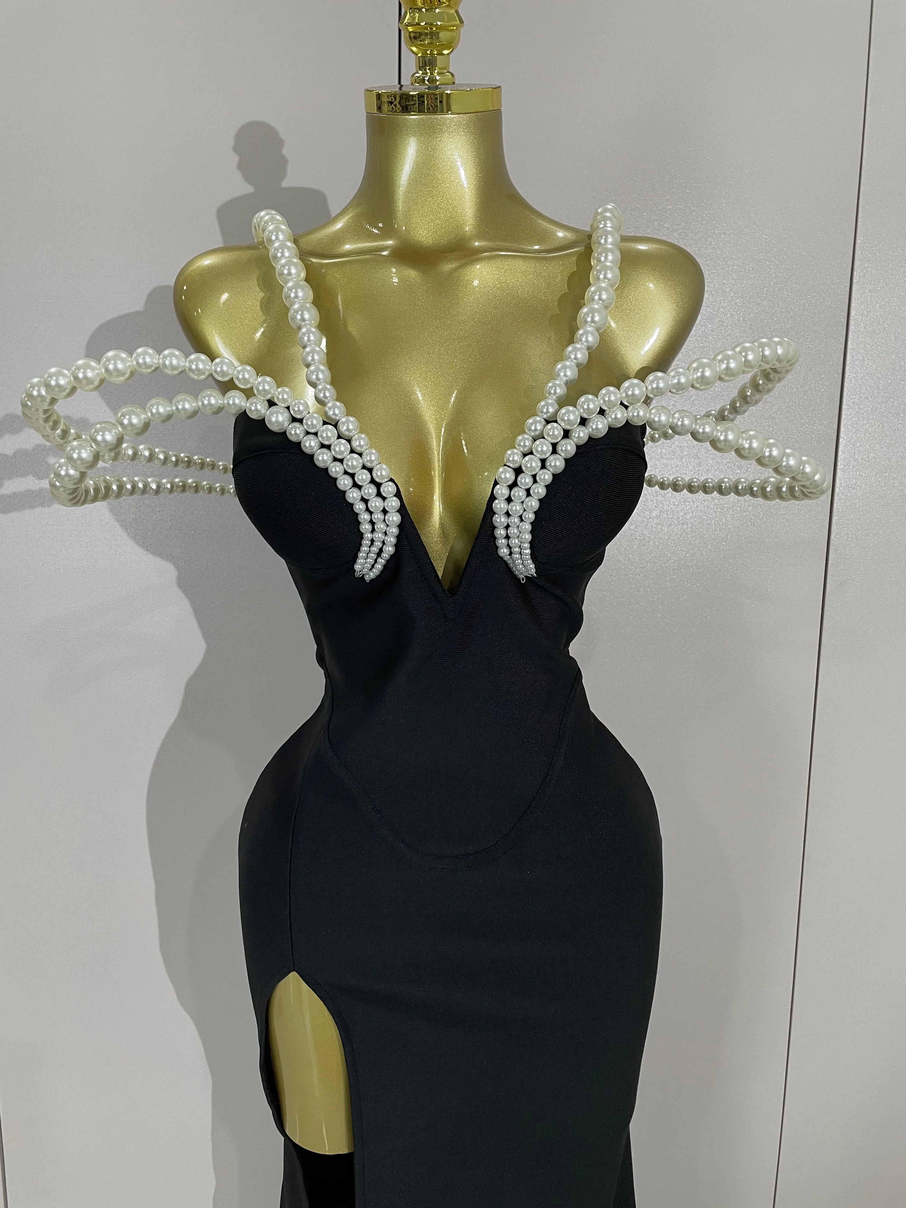 Luxury Designer Pearls V Neck Maxi Long Bandage Bodycon Dress Women Celebrity Evening Party Birthday Gowns Singer Stage Costumes