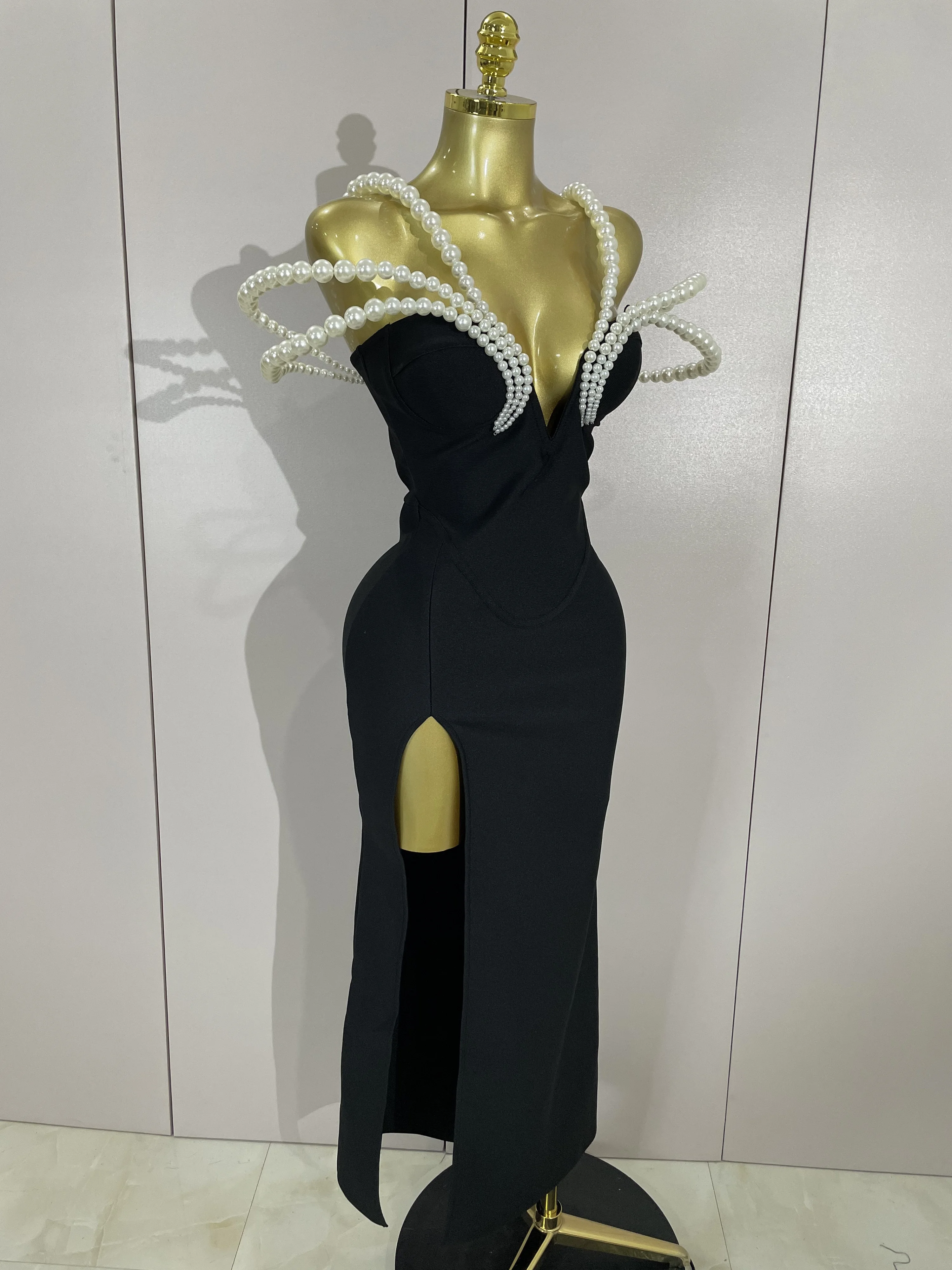 Luxury Designer Pearls V Neck Maxi Long Bandage Bodycon Dress Women Celebrity Evening Party Birthday Gowns Singer Stage Costumes