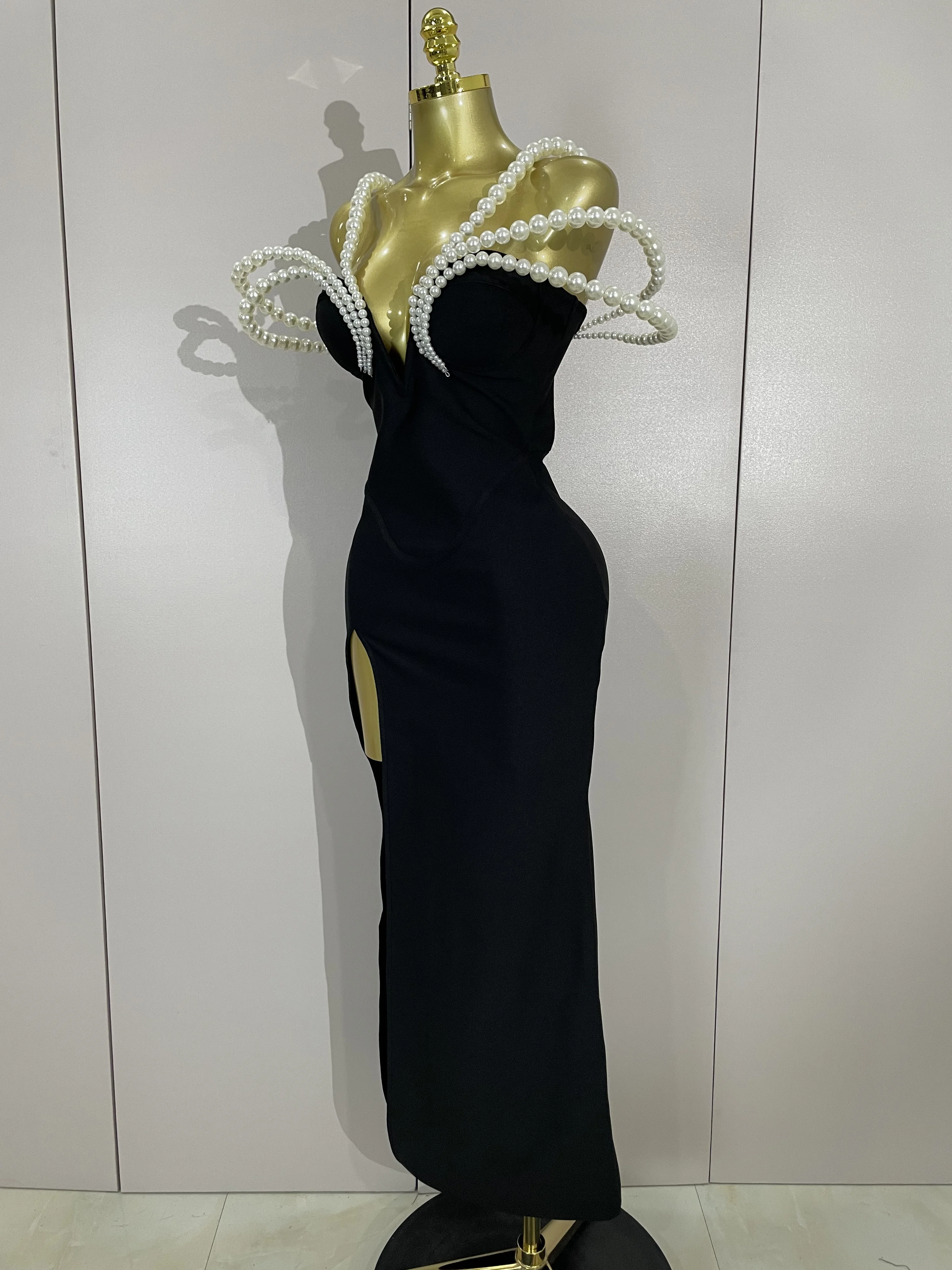 Luxury Designer Pearls V Neck Maxi Long Bandage Bodycon Dress Women Celebrity Evening Party Birthday Gowns Singer Stage Costumes