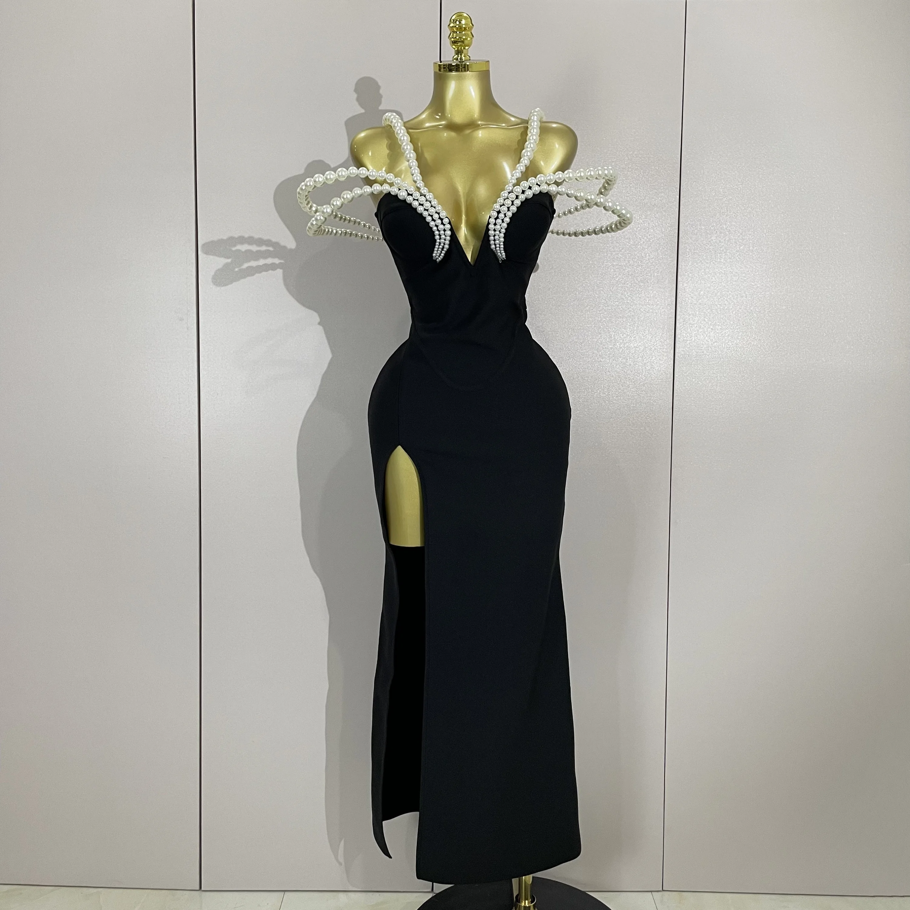 Luxury Designer Pearls V Neck Maxi Long Bandage Bodycon Dress