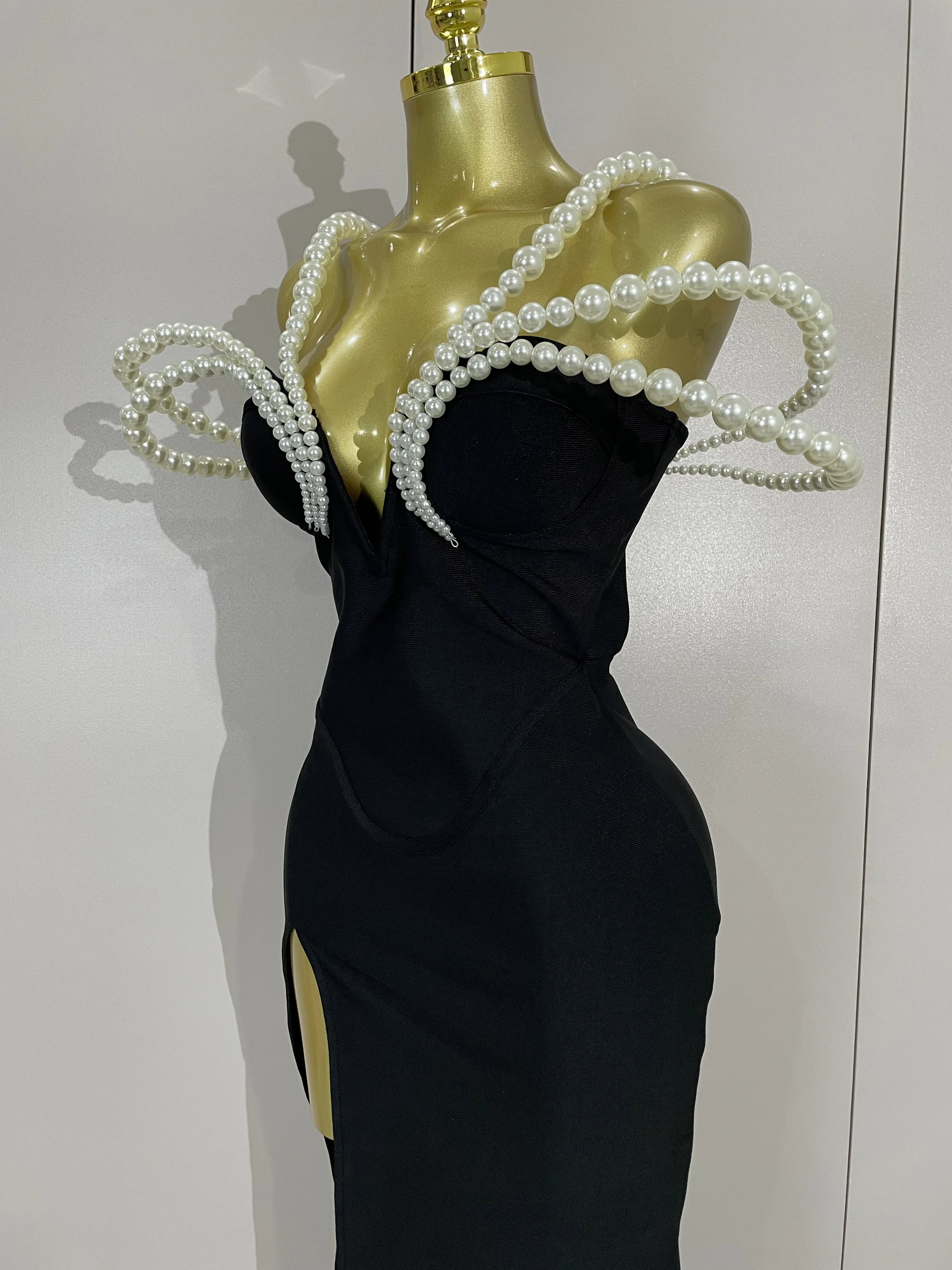 Luxury Designer Pearls V Neck Maxi Long Bandage Bodycon Dress Women Celebrity Evening Party Birthday Gowns Singer Stage Costumes