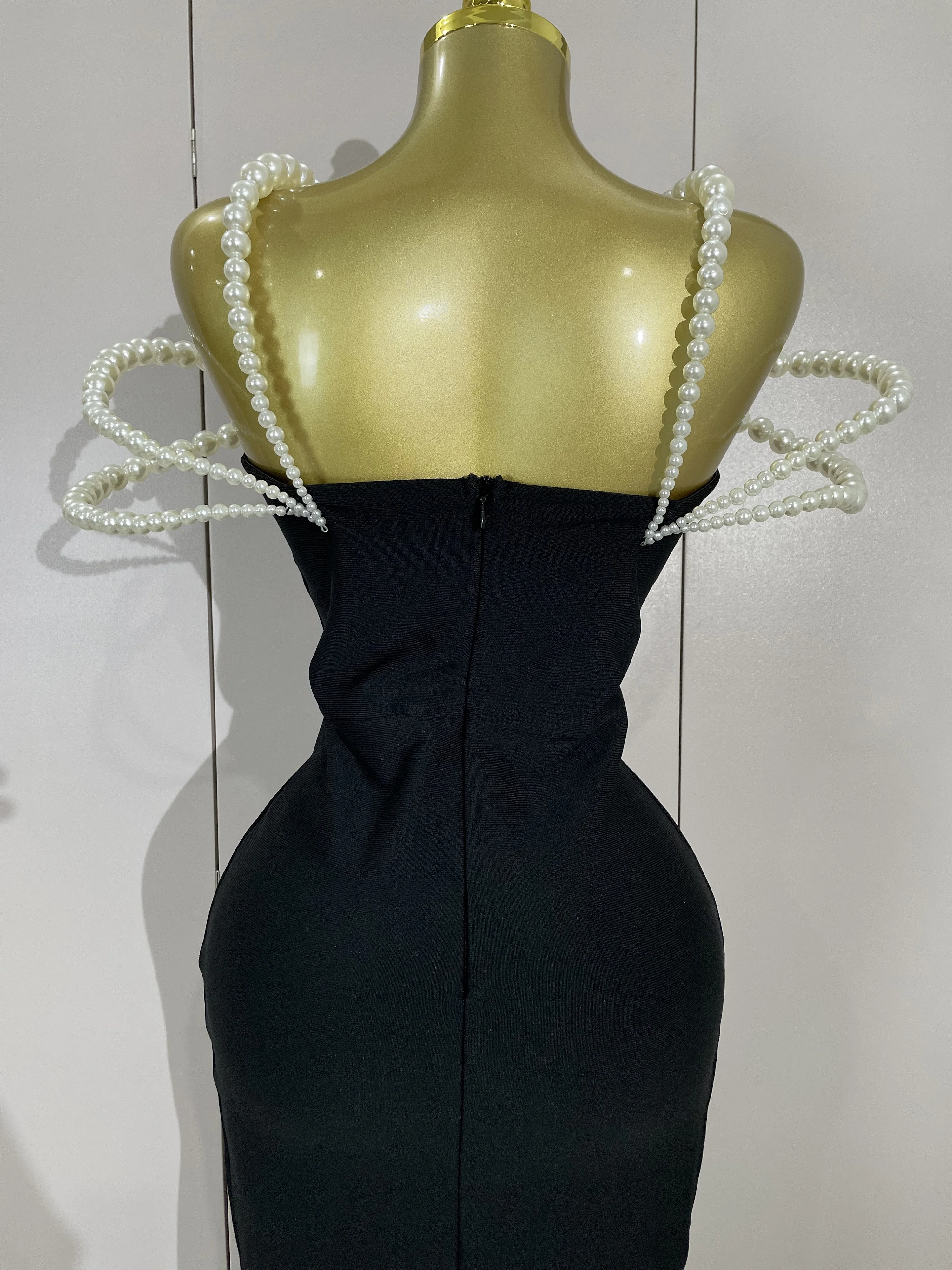 Luxury Designer Pearls V Neck Maxi Long Bandage Bodycon Dress Women Celebrity Evening Party Birthday Gowns Singer Stage Costumes