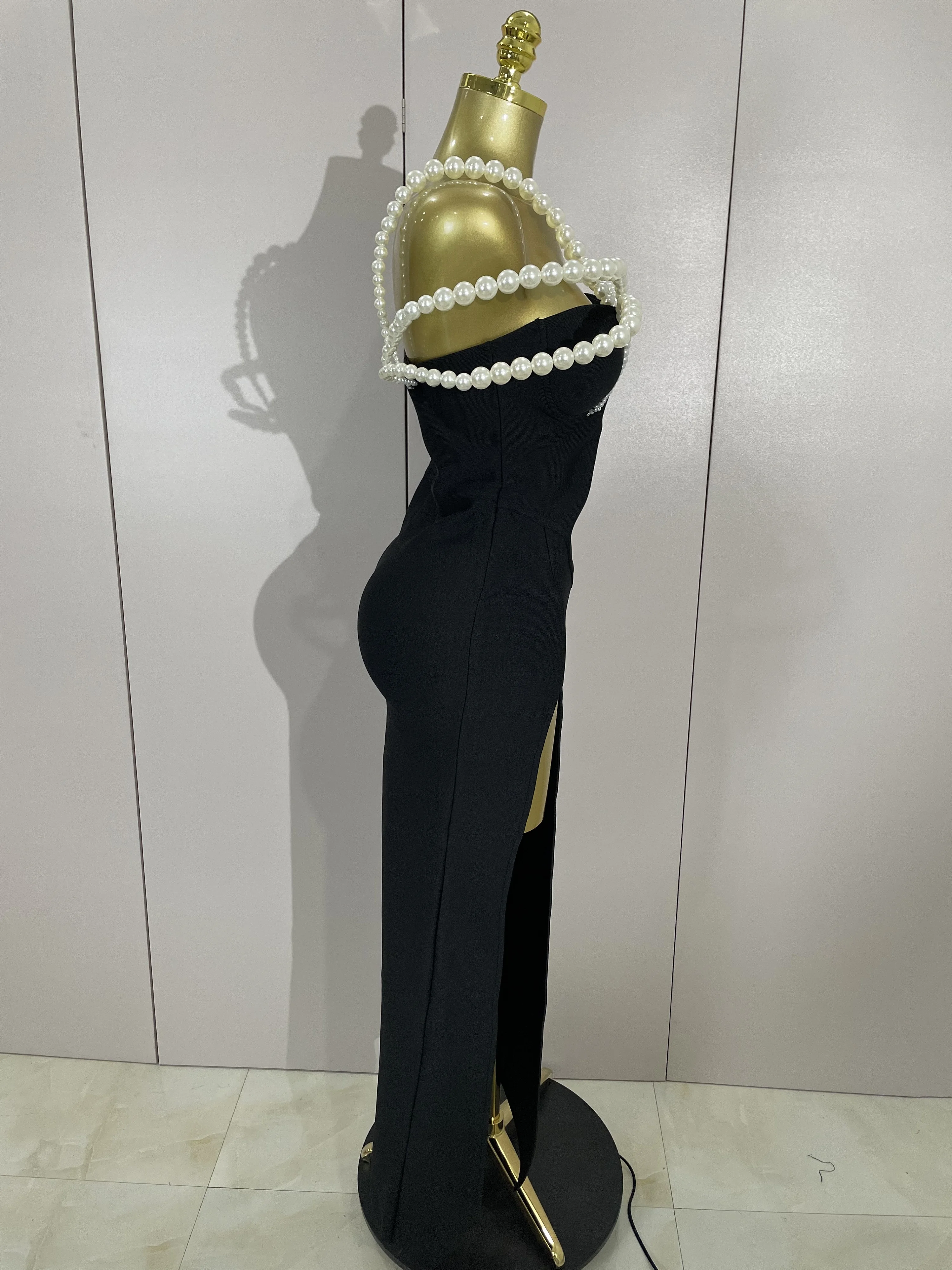 Luxury Designer Pearls V Neck Maxi Long Bandage Bodycon Dress Women Celebrity Evening Party Birthday Gowns Singer Stage Costumes