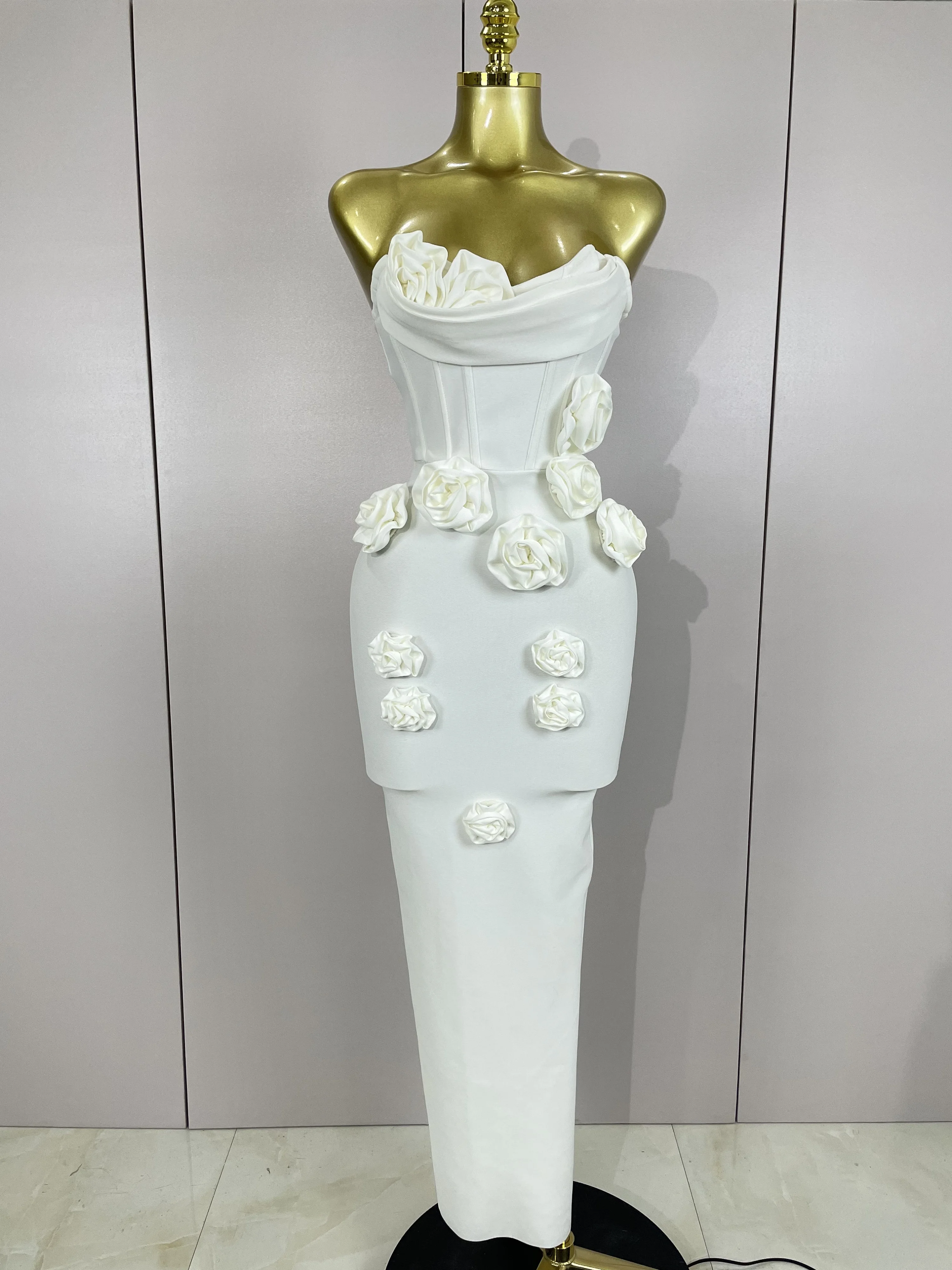 Newest Sexy Strapless Backless Red Flower Long Bandage Dress Women Celebirty Elegant Prom Evening Club Party Birthday Dresses