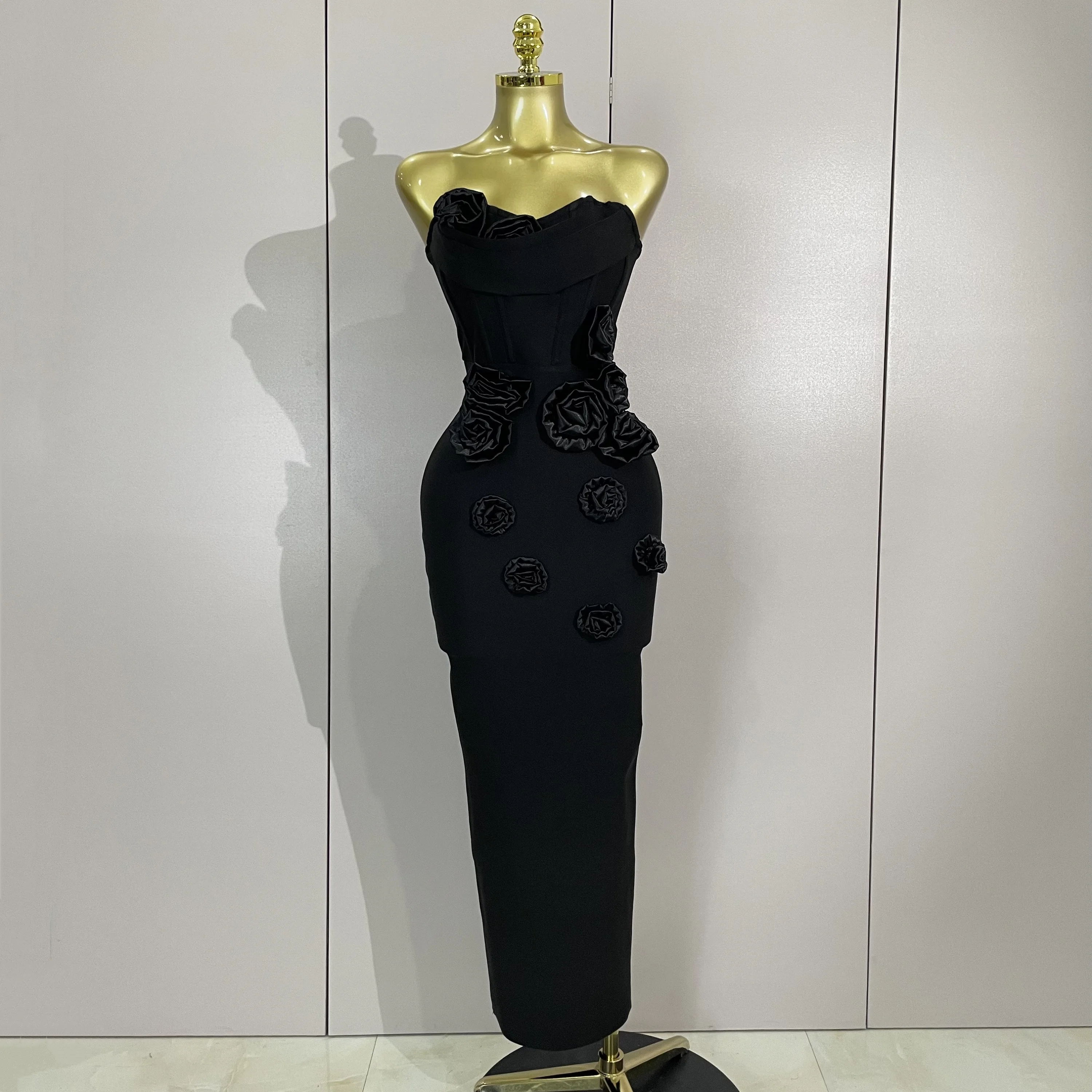 Newest Sexy Strapless Backless Red Flower Long Bandage Dress Women Celebirty Elegant Prom Evening Club Party Birthday Dresses