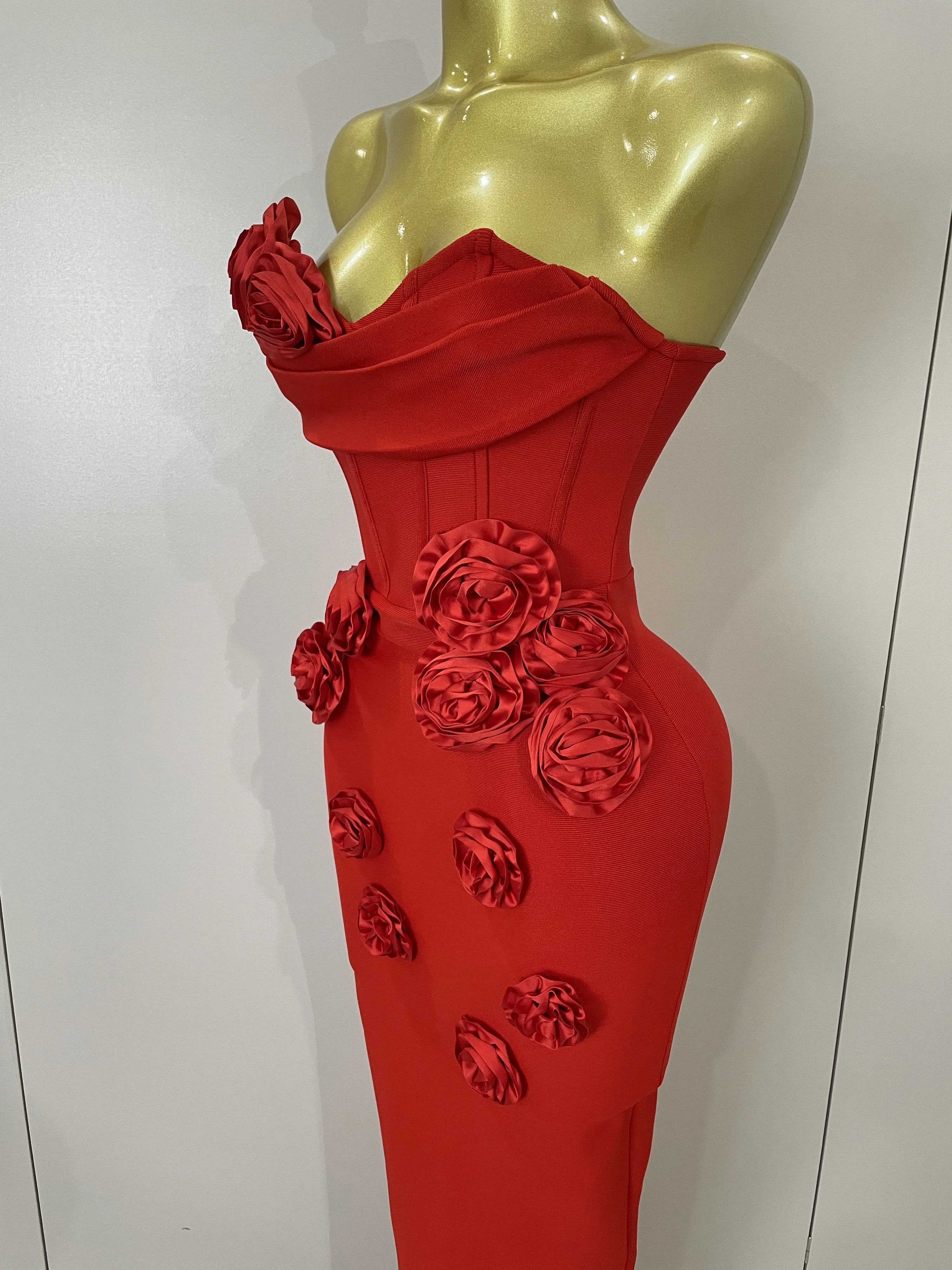Newest Sexy Strapless Backless Red Flower Long Bandage Dress Women Celebirty Elegant Prom Evening Club Party Birthday Dresses
