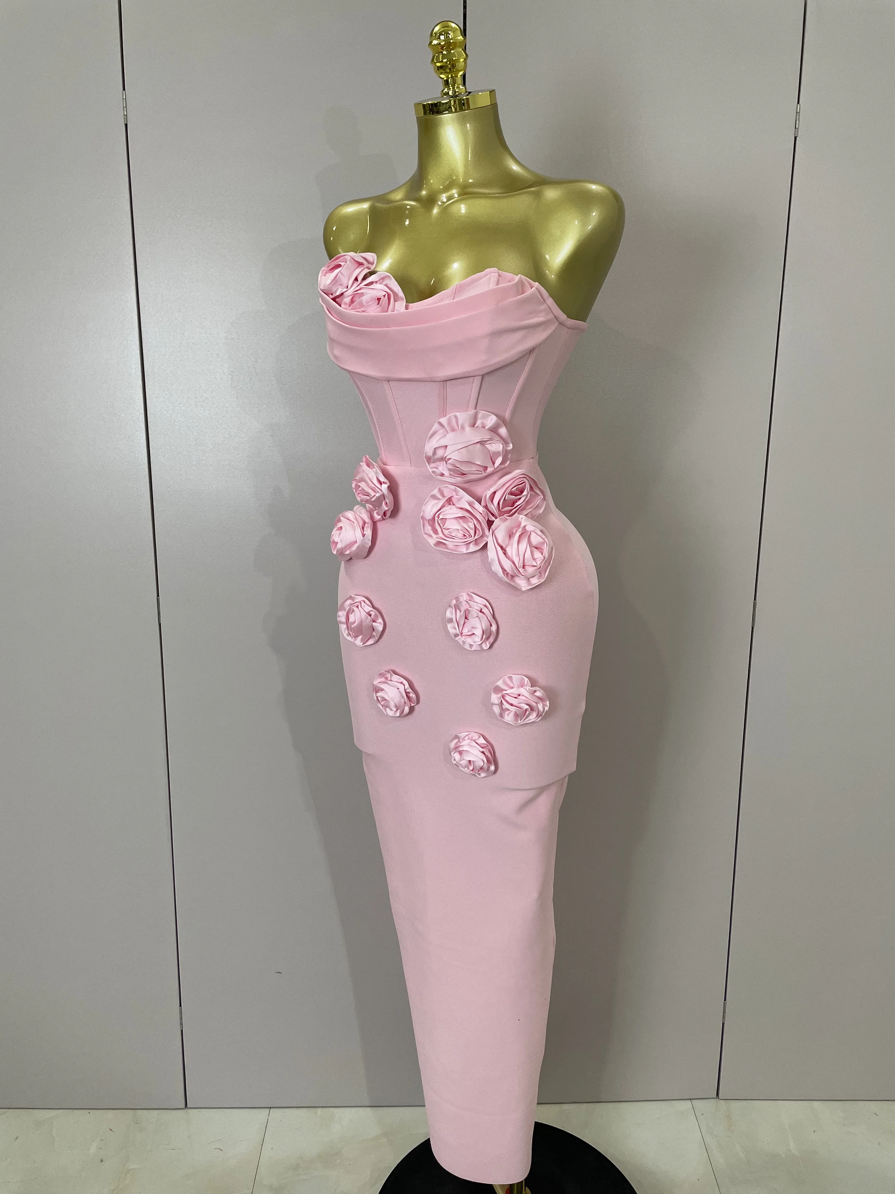 Newest Sexy Strapless Backless Red Flower Long Bandage Dress Women Celebirty Elegant Prom Evening Club Party Birthday Dresses