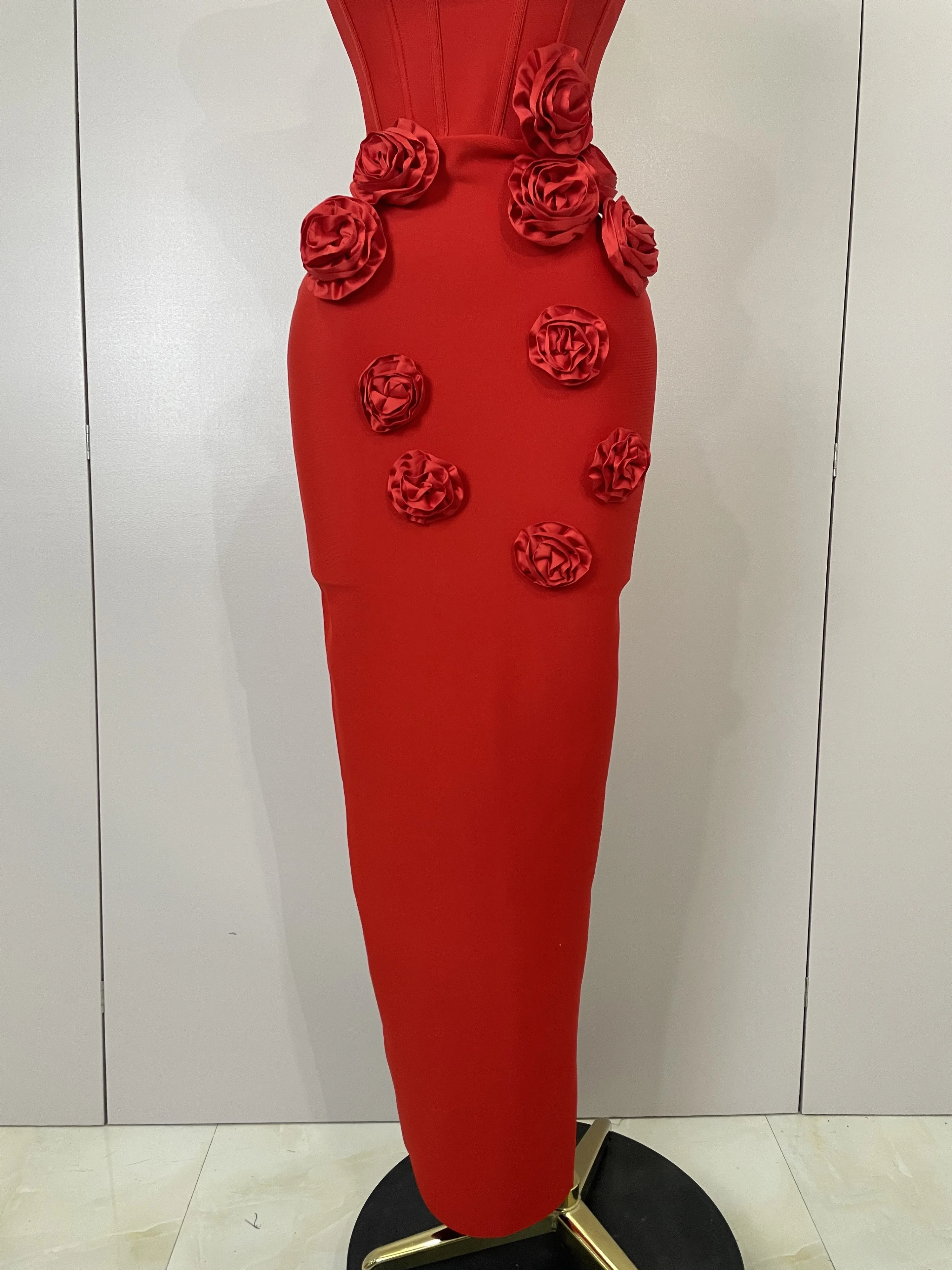 Newest Sexy Strapless Backless Red Flower Long Bandage Dress Women Celebirty Elegant Prom Evening Club Party Birthday Dresses