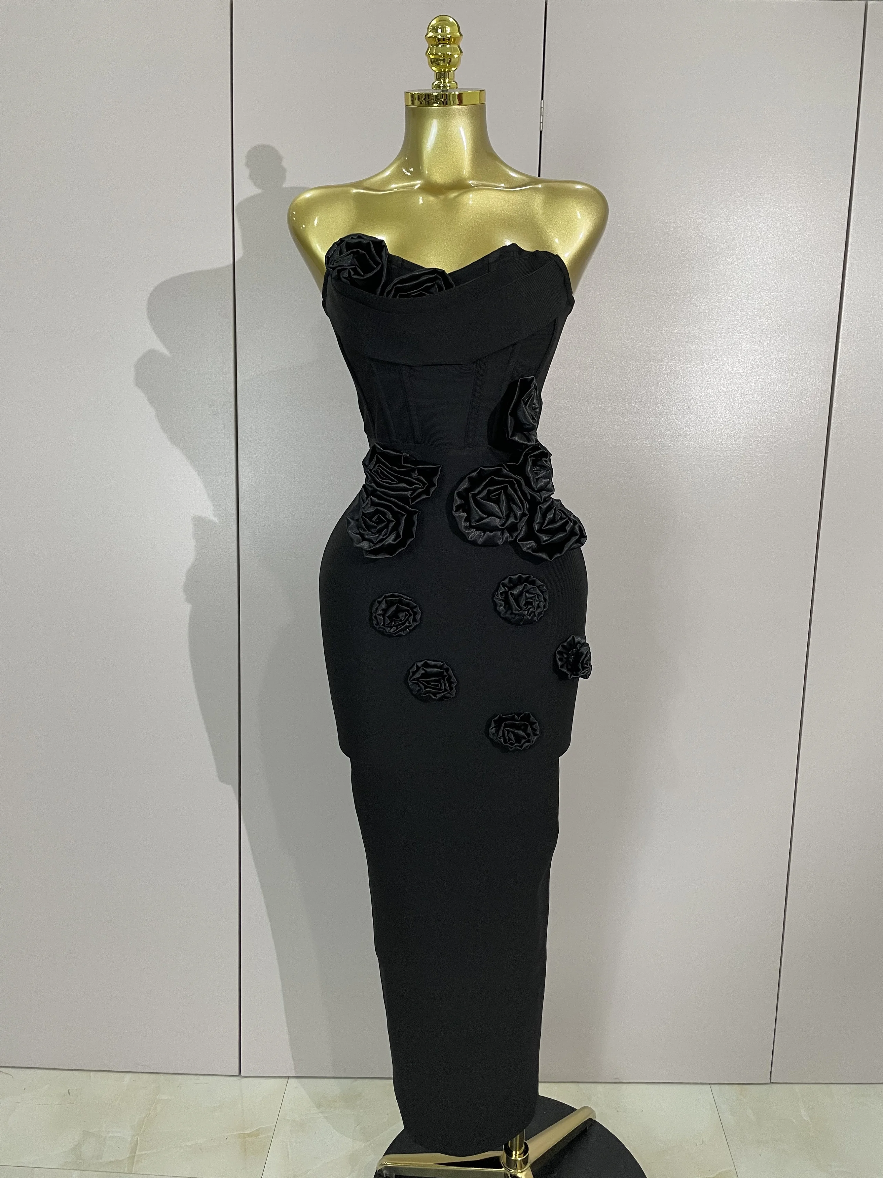 Newest Sexy Strapless Backless Red Flower Long Bandage Dress Women Celebirty Elegant Prom Evening Club Party Birthday Dresses