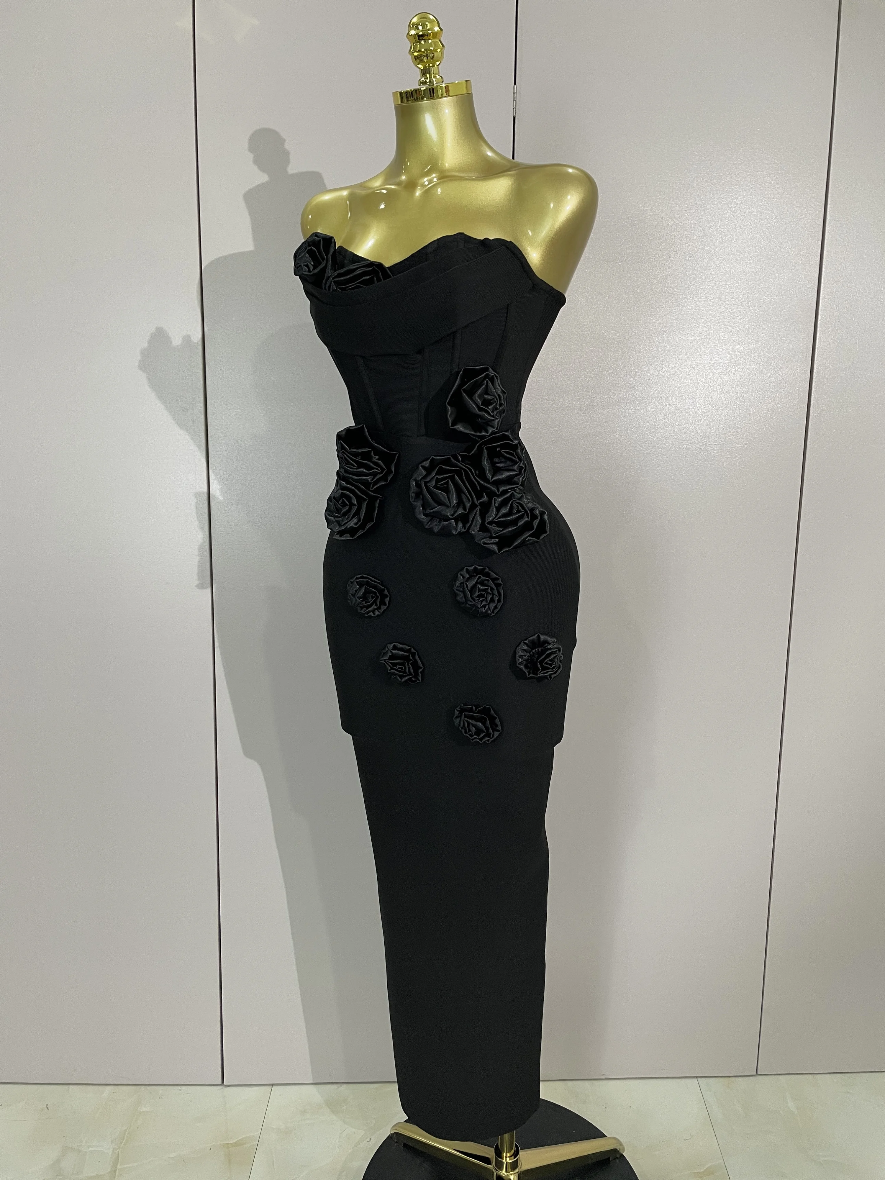 Newest Sexy Strapless Backless Red Flower Long Bandage Dress Women Celebirty Elegant Prom Evening Club Party Birthday Dresses