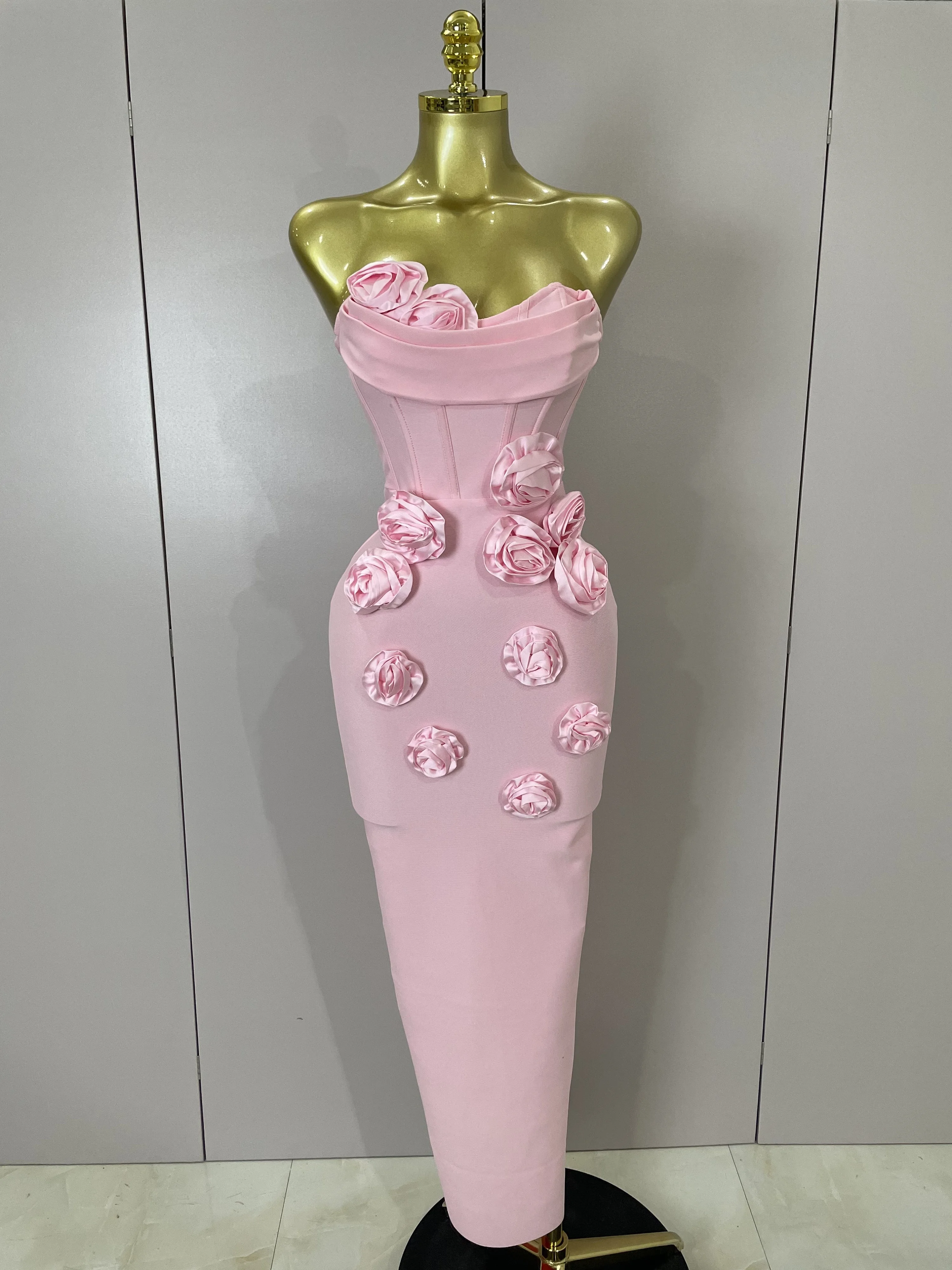 Newest Sexy Strapless Backless Red Flower Long Bandage Dress Women Celebirty Elegant Prom Evening Club Party Birthday Dresses