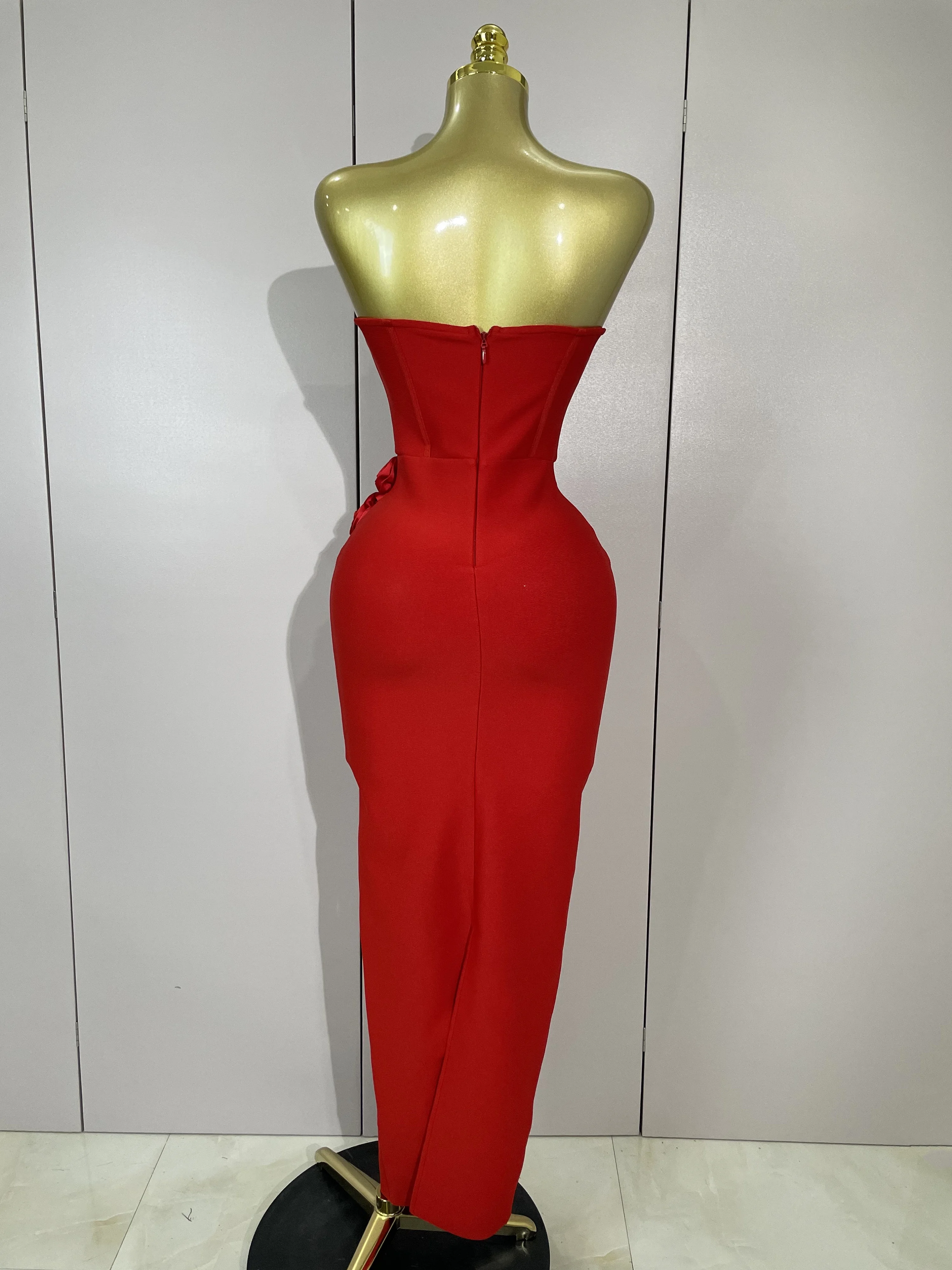 Newest Sexy Strapless Backless Red Flower Long Bandage Dress Women Celebirty Elegant Prom Evening Club Party Birthday Dresses