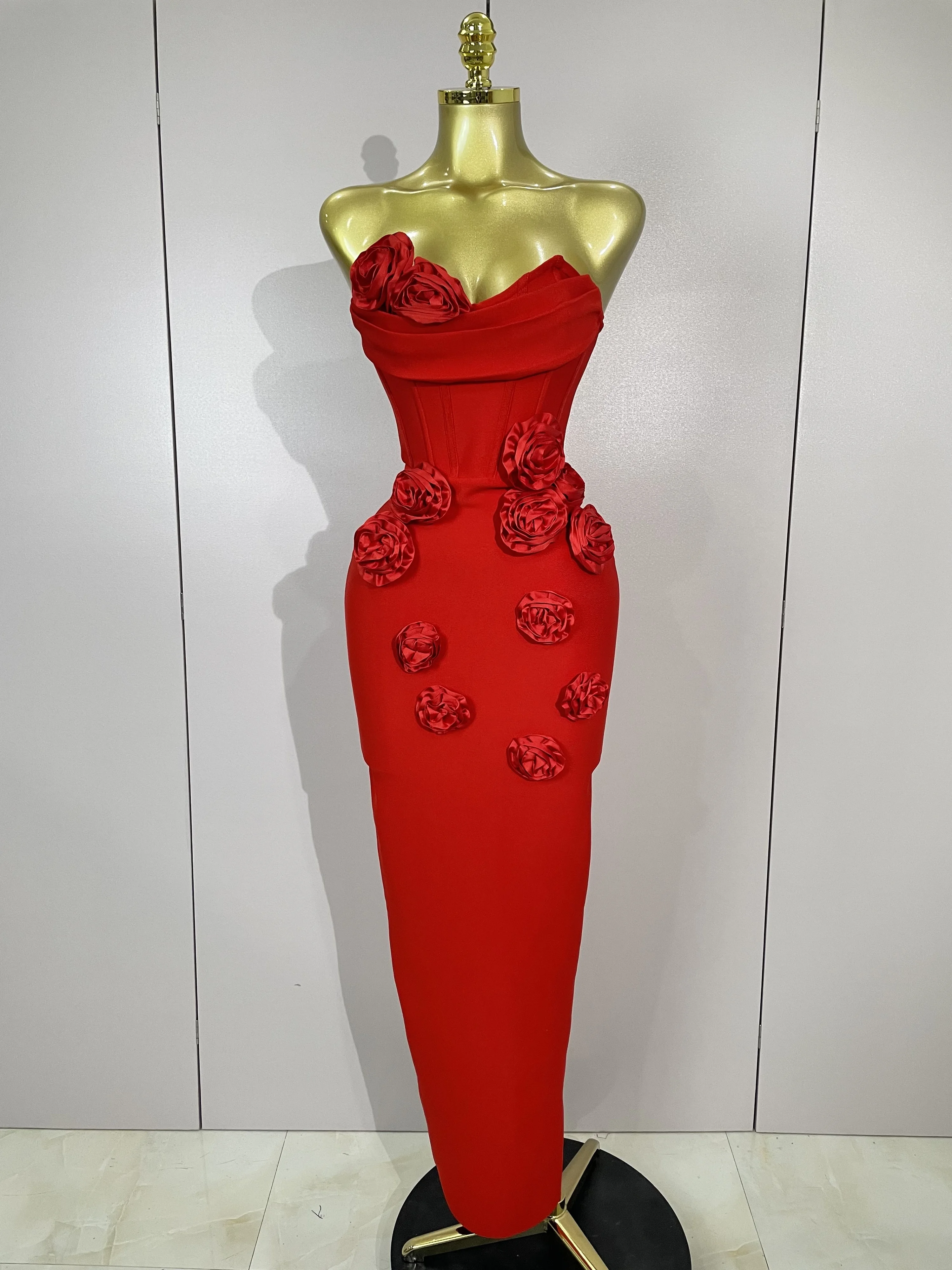 Newest Sexy Strapless Backless Red Flower Long Bandage Dress