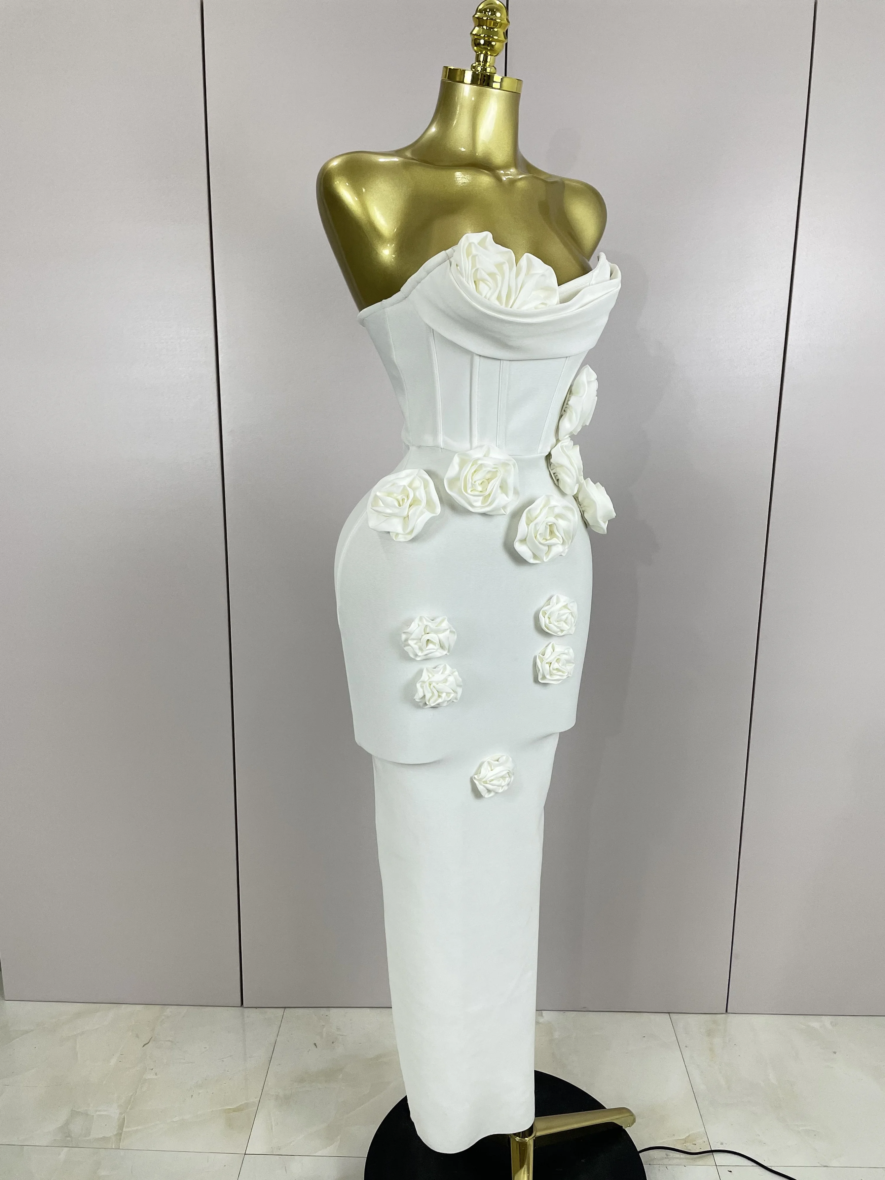 Newest Sexy Strapless Backless Red Flower Long Bandage Dress Women Celebirty Elegant Prom Evening Club Party Birthday Dresses