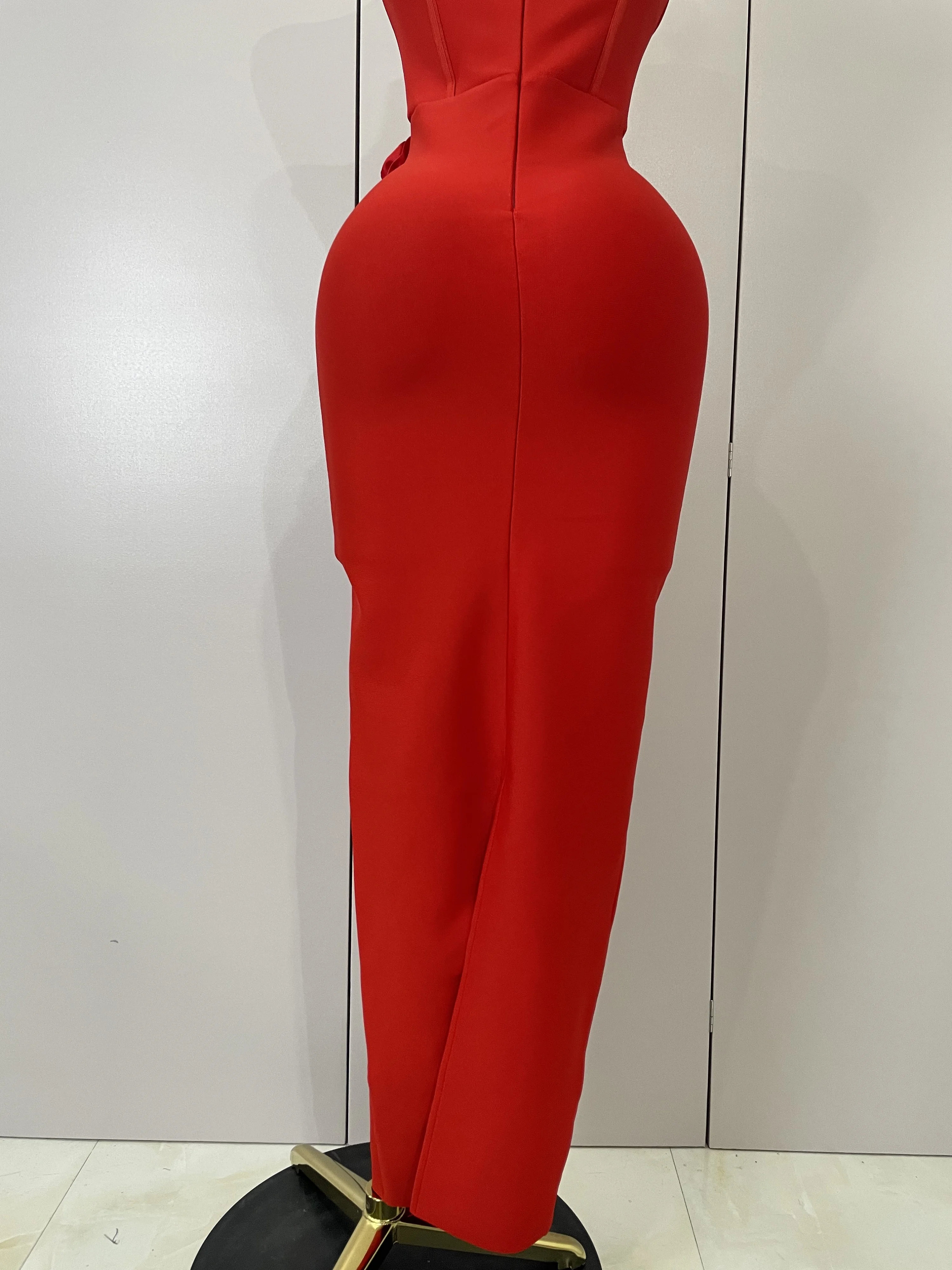 Newest Sexy Strapless Backless Red Flower Long Bandage Dress Women Celebirty Elegant Prom Evening Club Party Birthday Dresses