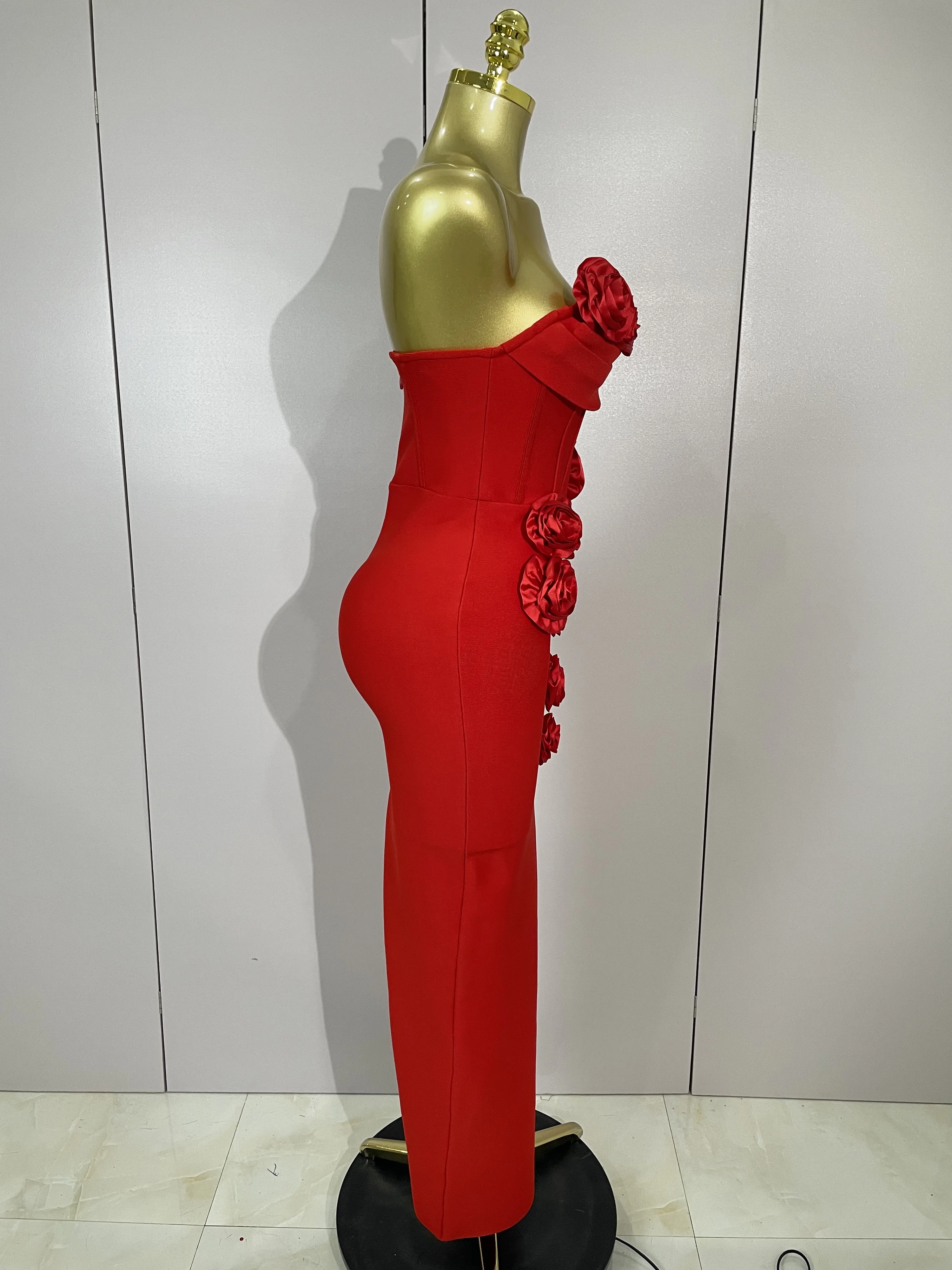 Newest Sexy Strapless Backless Red Flower Long Bandage Dress Women Celebirty Elegant Prom Evening Club Party Birthday Dresses