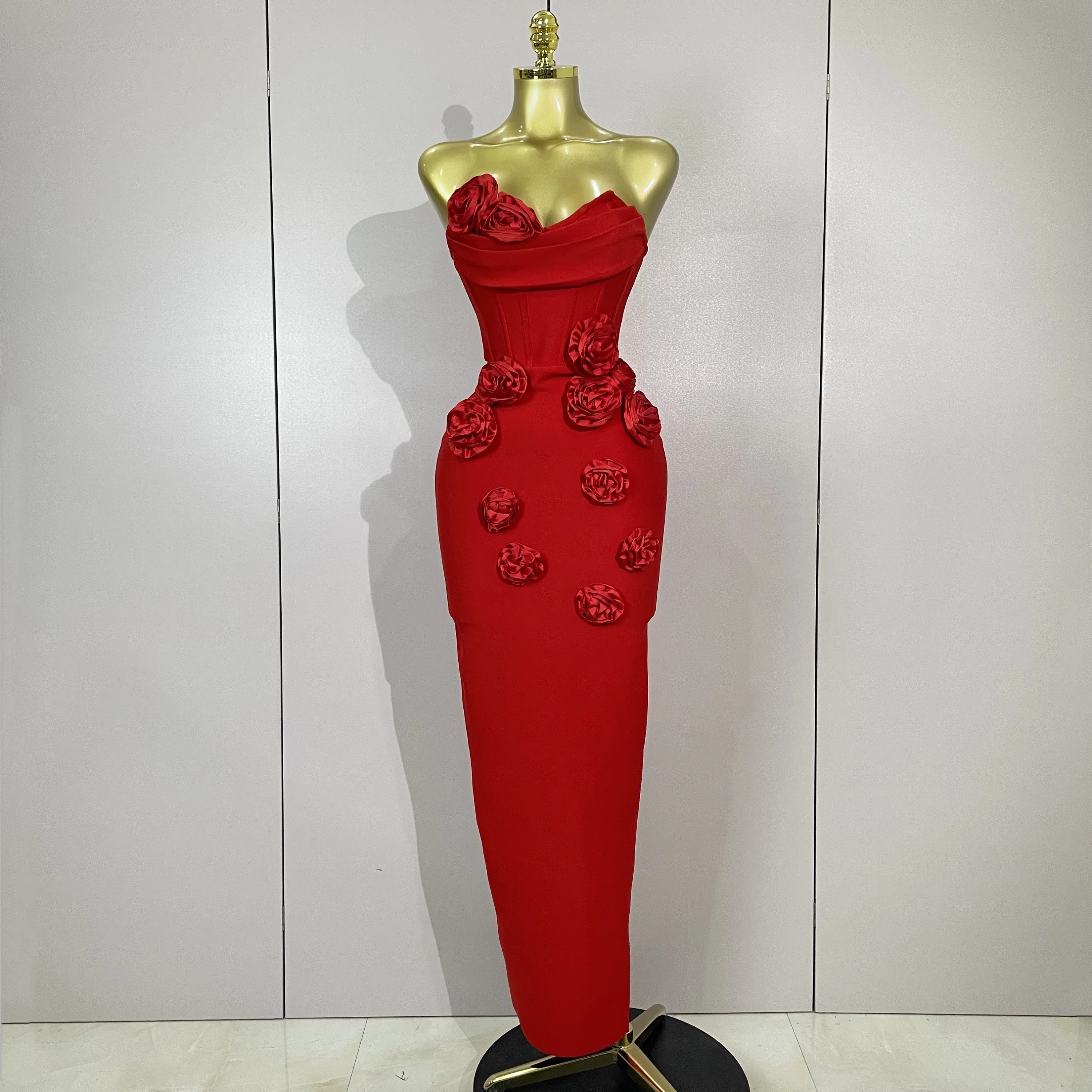 Newest Sexy Strapless Backless Red Flower Long Bandage Dress Women Celebirty Elegant Prom Evening Club Party Birthday Dresses