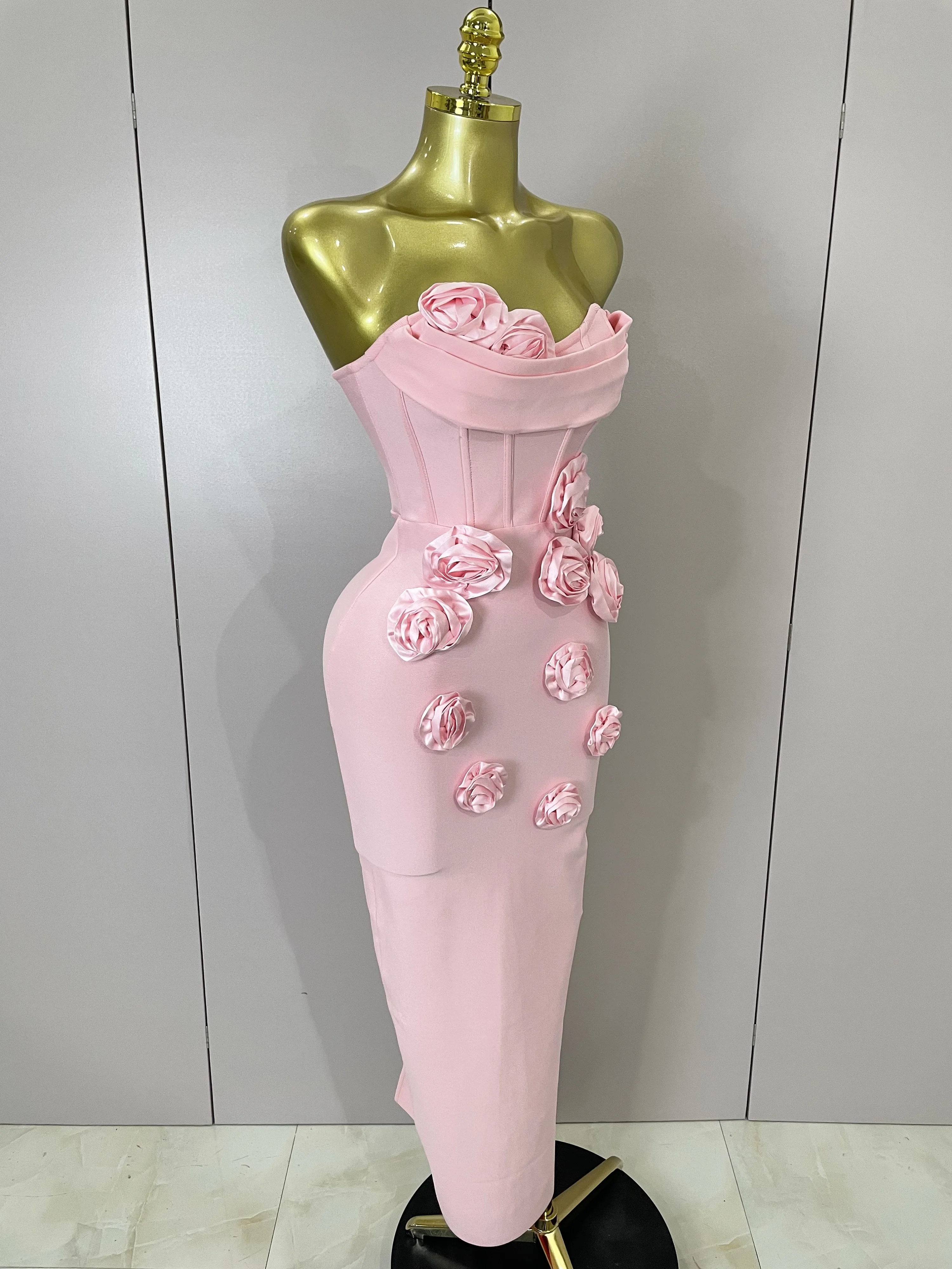 Newest Sexy Strapless Backless Red Flower Long Bandage Dress Women Celebirty Elegant Prom Evening Club Party Birthday Dresses