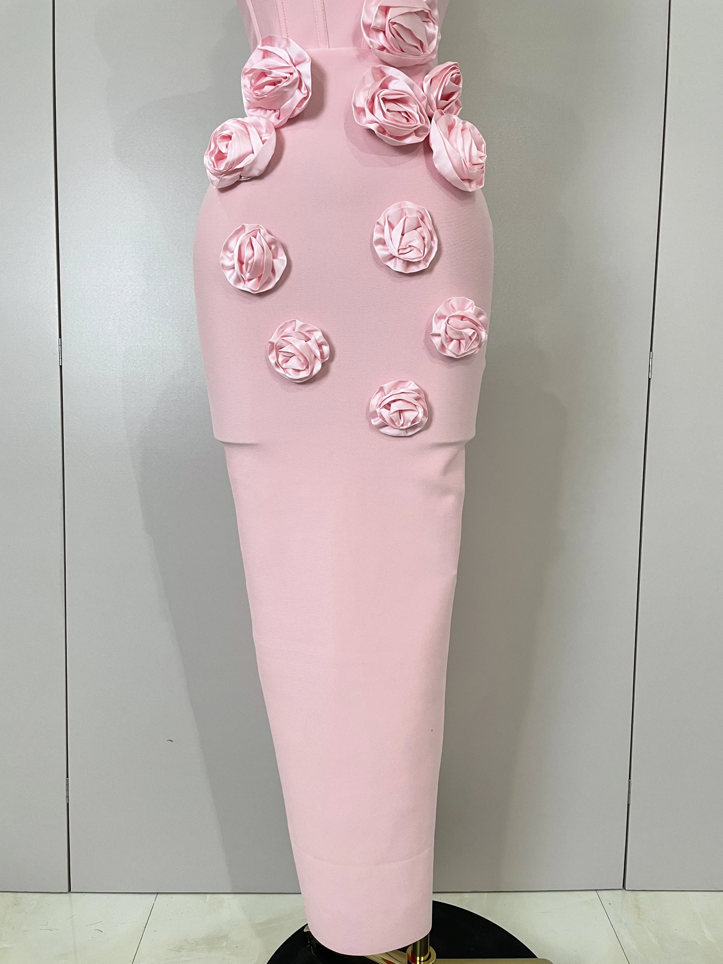 Newest Sexy Strapless Backless Red Flower Long Bandage Dress Women Celebirty Elegant Prom Evening Club Party Birthday Dresses